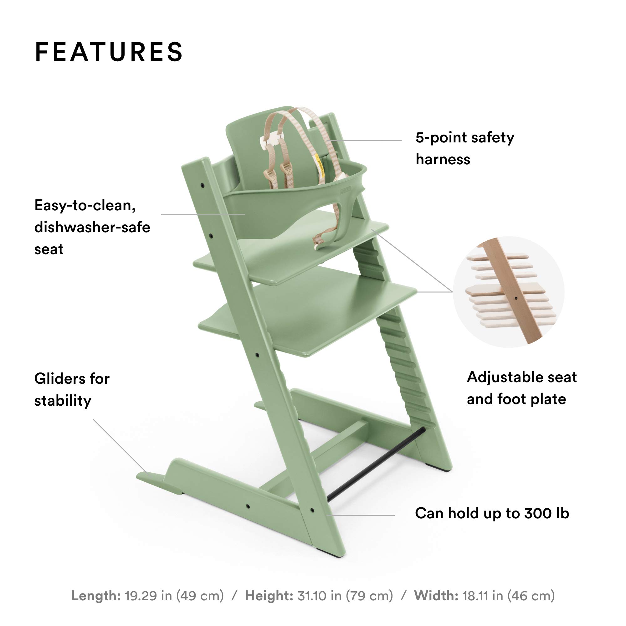 Stokke Tripp Trapp Adjustable Wooden High Chair for Babies & Toddlers - Moss Green with Baby Seat & Safety Harness | Perfect for Dining, Feeding & Learning at Home