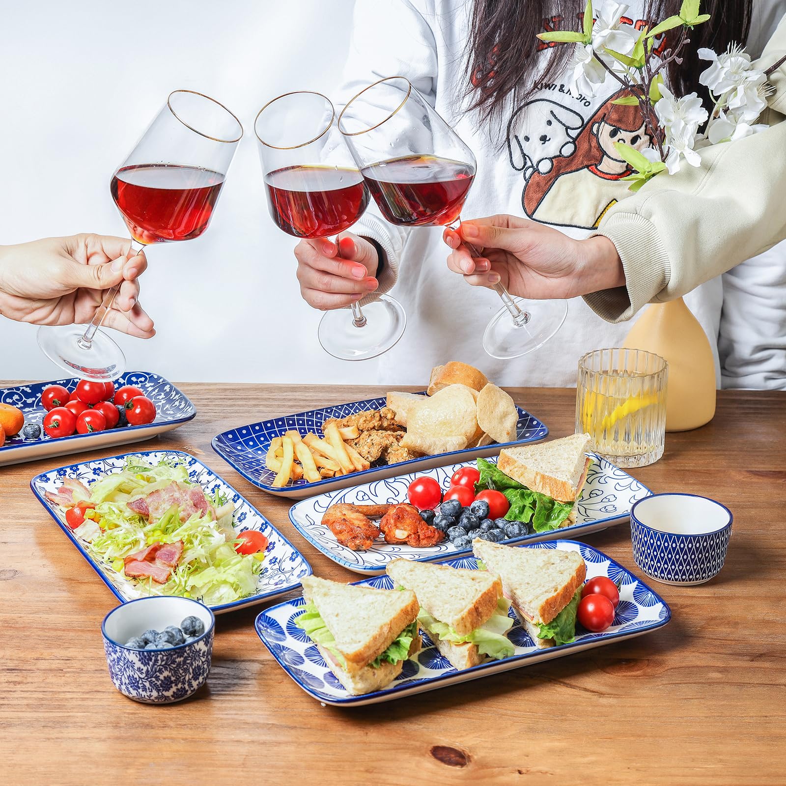 Selamica 12 Inch Ceramic Serving Platters - Set of 6 Large Rectangular Party Trays for Food Display, Appetizers & Entertaining - Vintage Blue Dinnerware for Weddings, Buffets & Holiday Gatherings