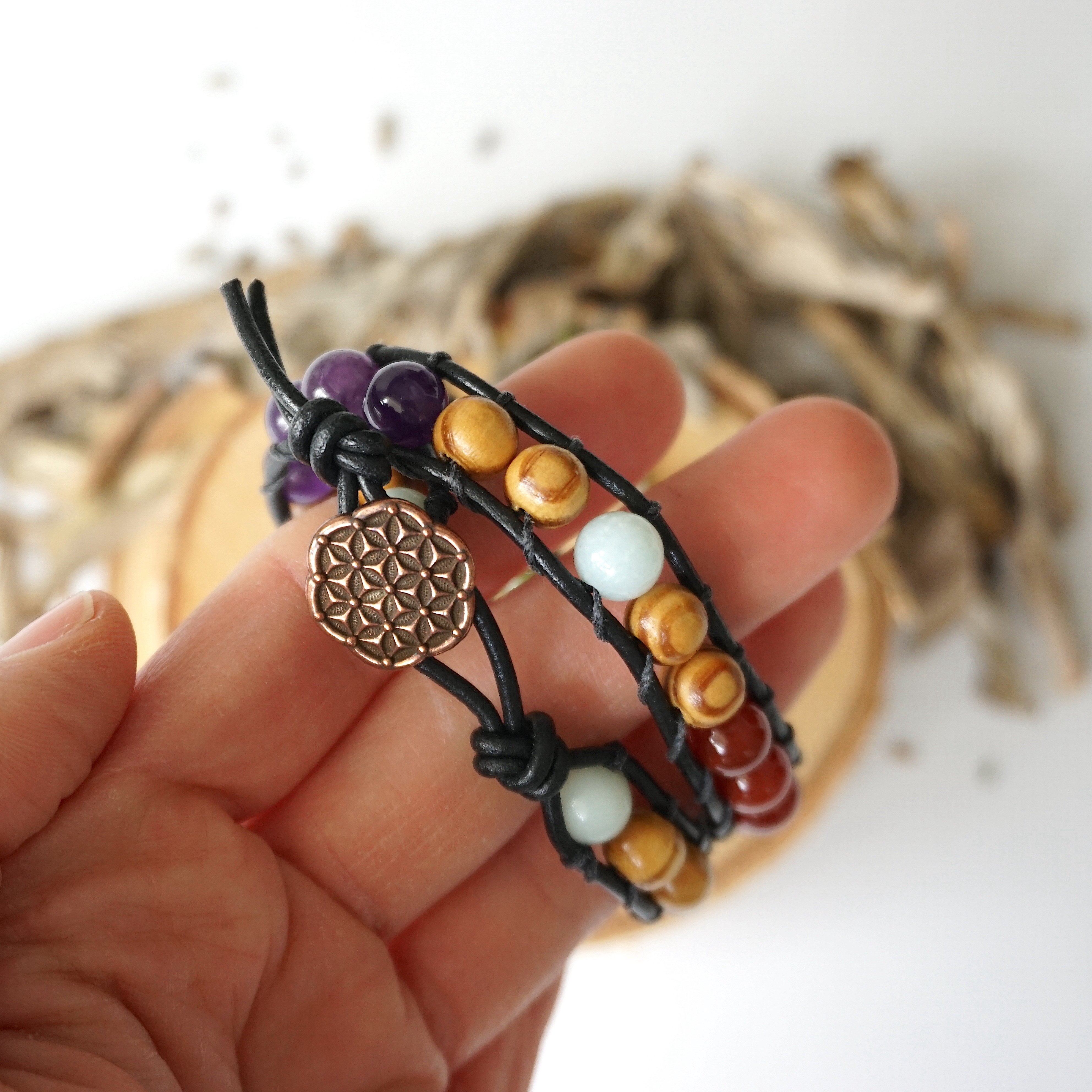 Stylish Mixed Crystal Wrap Bracelet with Natural Olive Wood Beads - Perfect for Boho Fashion, Yoga Accessories & Spiritual Healing Jewelry
