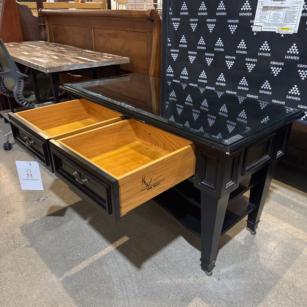 Black Lacquer 2-Drawer Rolling End Table with Casters - 45