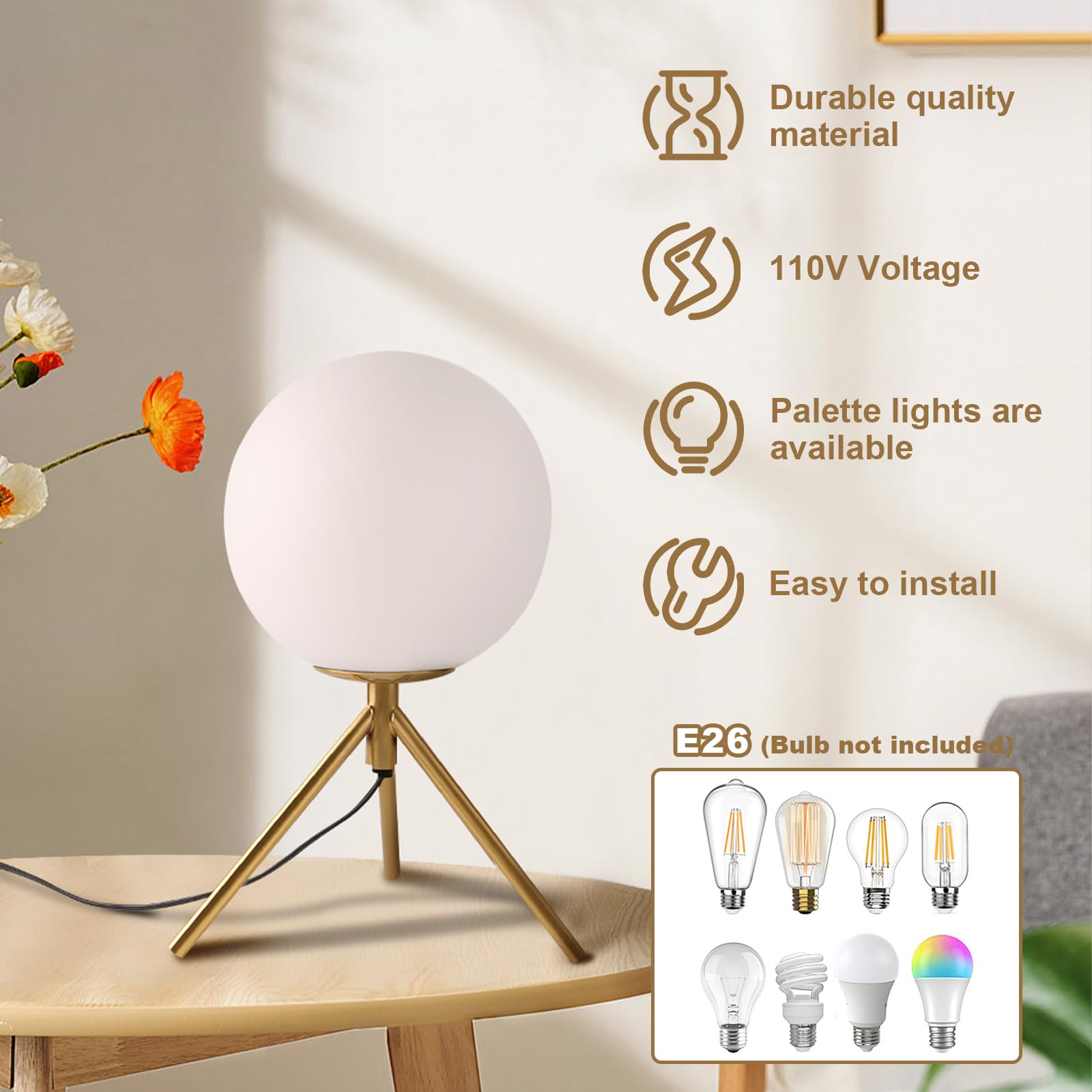 Gold Tripod Table Lamp with Milky Glass Globe - 14.2 Inch Plug-in Corded Bedside Lamp for Bedroom, Living Room, Study & Office - Elegant Nightstand Lighting for Reading & Home Decor