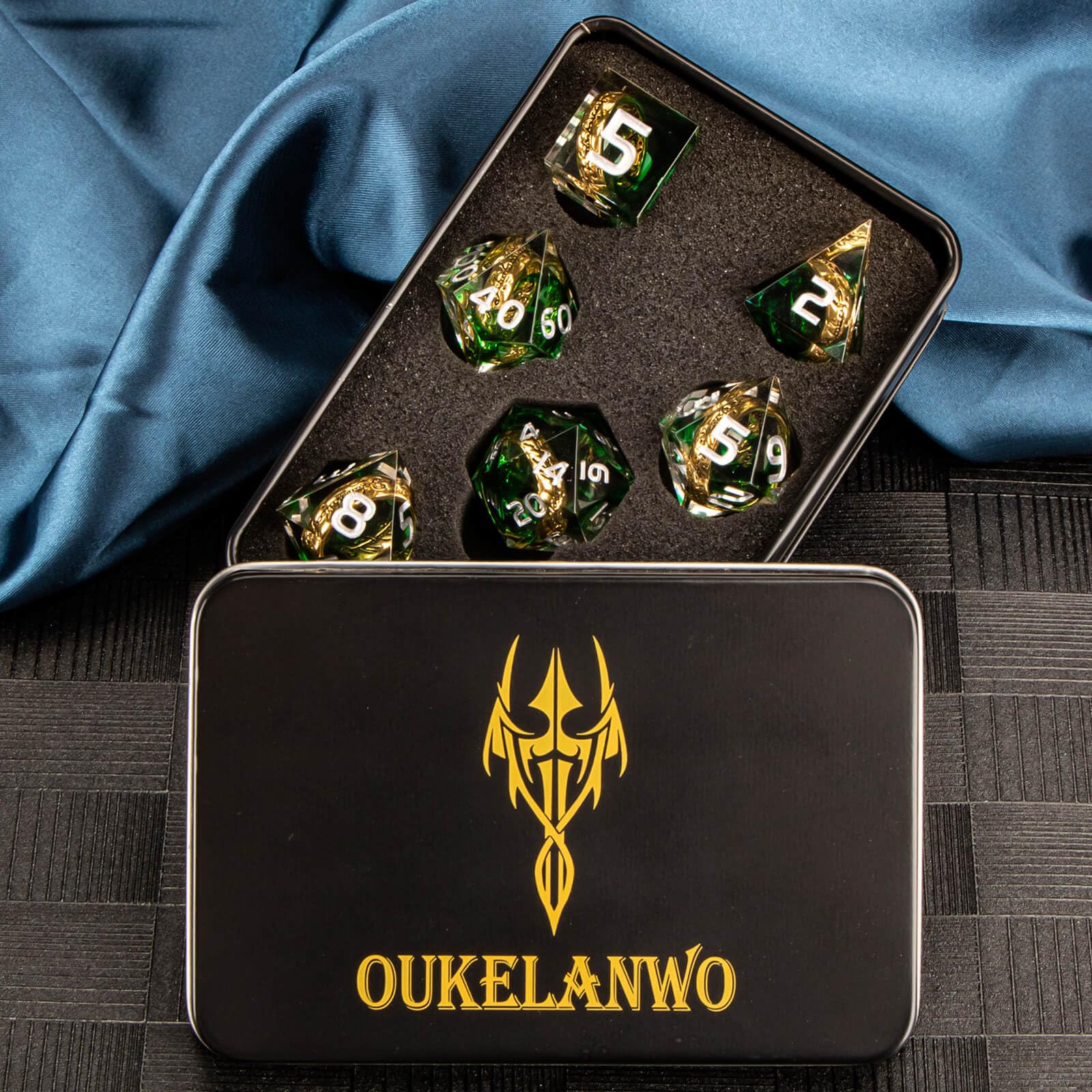 OUKELANWO 7-Piece Resin Dungeons and Dragons Dice Set - Sharp Edge Polyhedral DND Dice (D20, D12, D10, D8, D6, D4) with Storage Box - Perfect for Lord of The Rings RPG, Tabletop Role Playing Games & D&D Campaigns