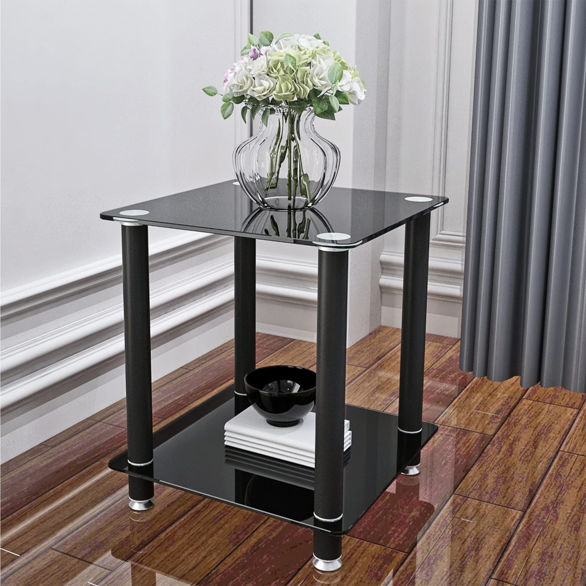 Modern Black Glass End Tables Set of 2 - Living Room Side Tables with Storage Shelf, Square Coffee Table with Metal Wheels (15.75