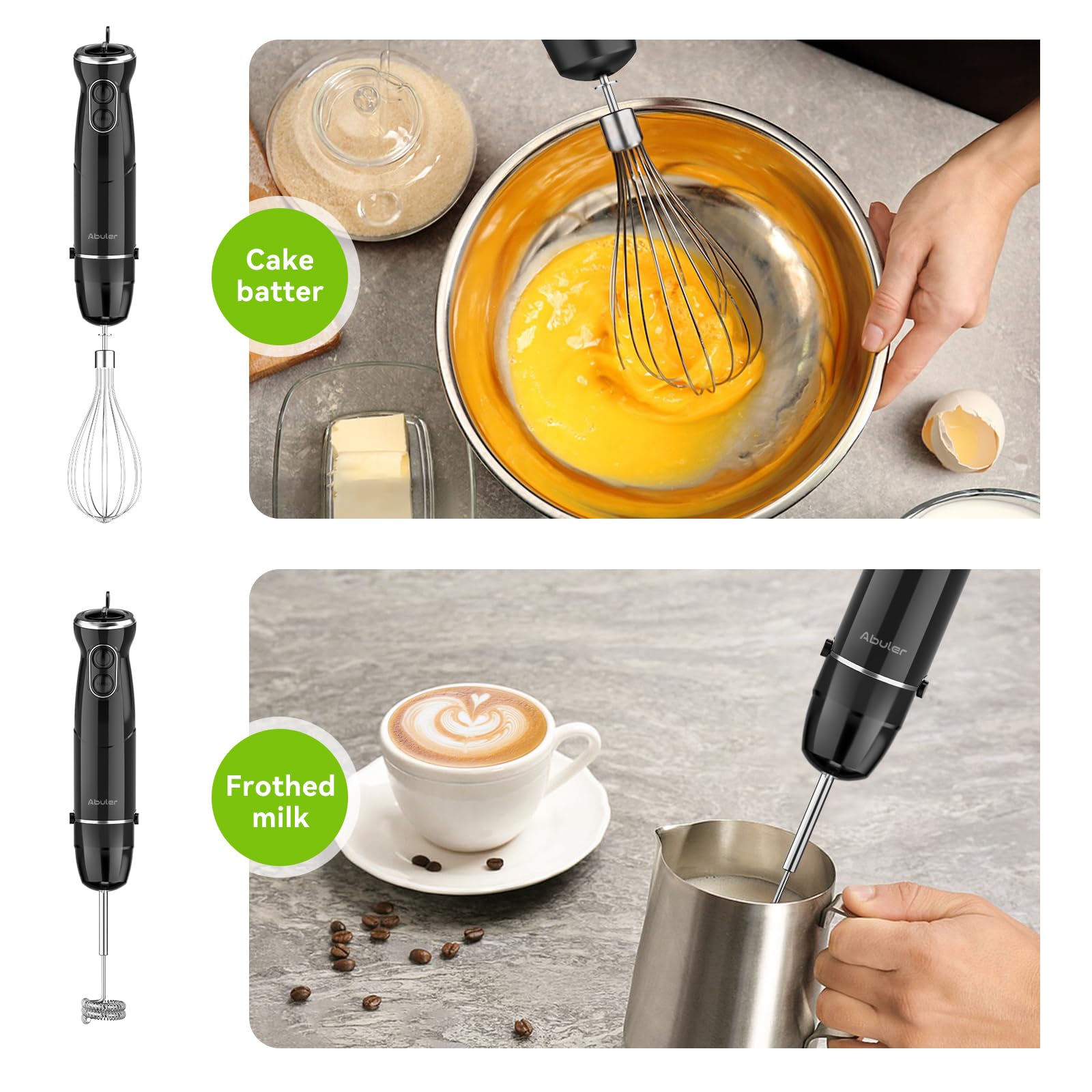 **Abuler 1000W Immersion Hand Blender, 5-in-1 Stick Blender with 12 Speeds - BPA-Free, Scratch-Resistant, Includes Beaker, Chopper, Whisk & Frother - Perfect for Soups, Sauces, Smoothies & Baby Food (Black)**