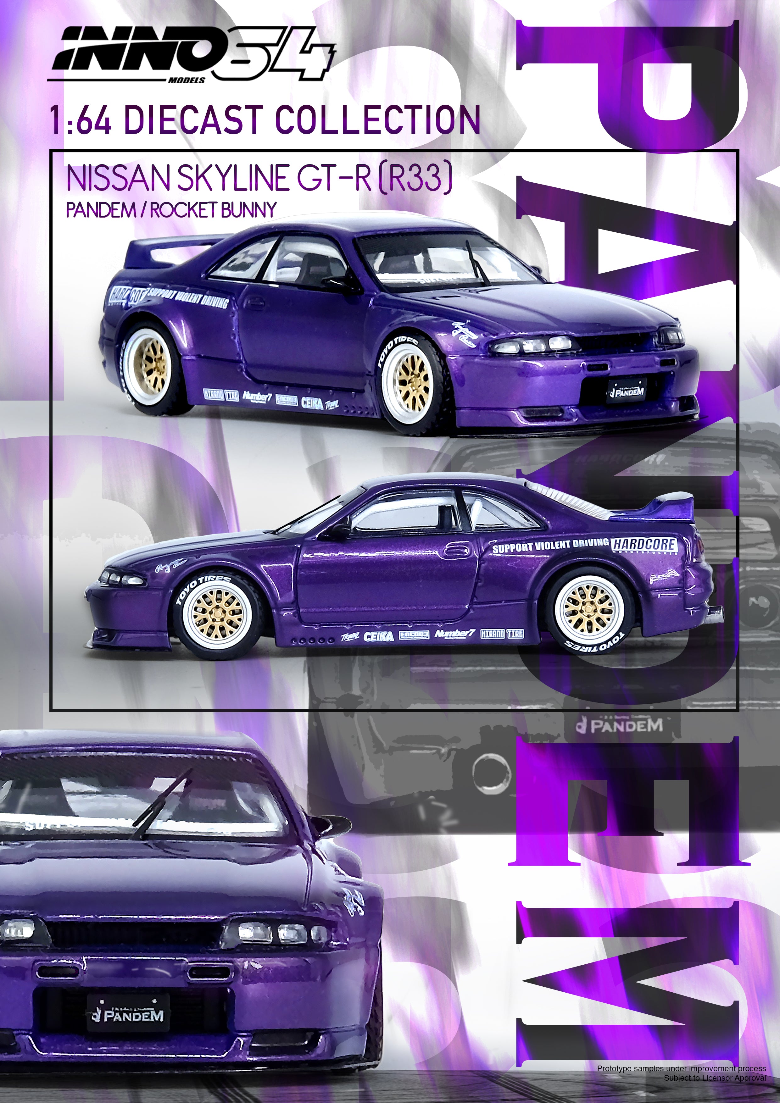 INNO64 1:64 Scale Nissan Skyline GT-R R33 Pandem Rocket Bunny Purple Diecast Model Car - Collectible, Display, Racing Enthusiast Gift