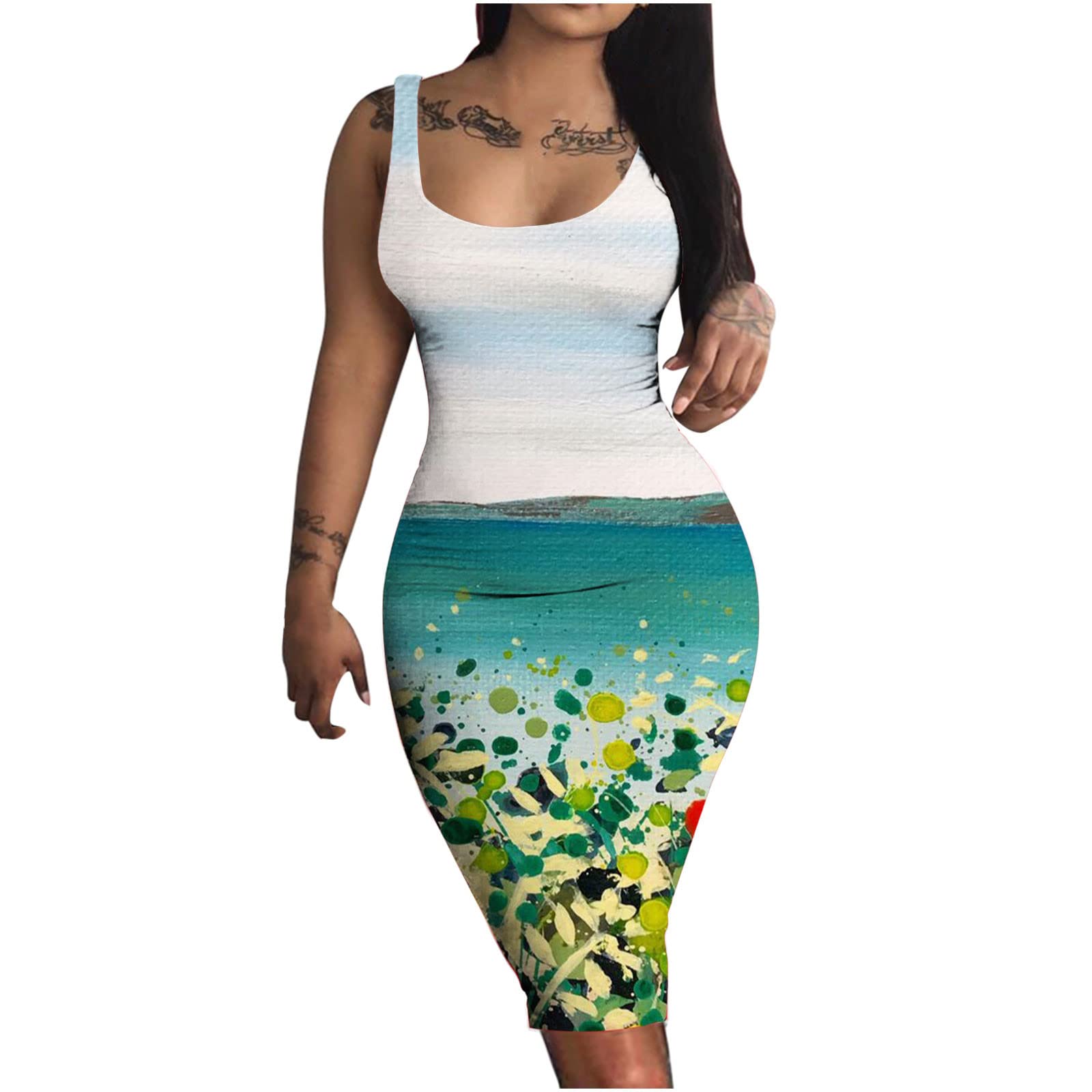 Sexy Floral Print Bodycon Tank Dress for Women - Sleeveless Midi Pencil Dress for Club, Party & Vacation | Perfect for Night Out, Beach Getaway & Summer Events