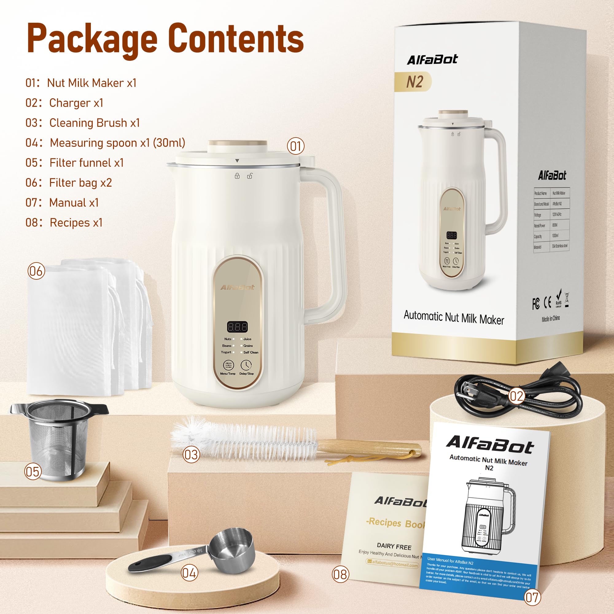 AlfaBot N2 Automatic Nut Milk Maker Machine - 5 Modes for Homemade Almond, Oat, Soy Milk & Yogurt - 35OZ Large Capacity with Delay Setting & Self-Cleaning (White) - Perfect for Vegan, Keto & Healthy Lifestyle Breakfasts