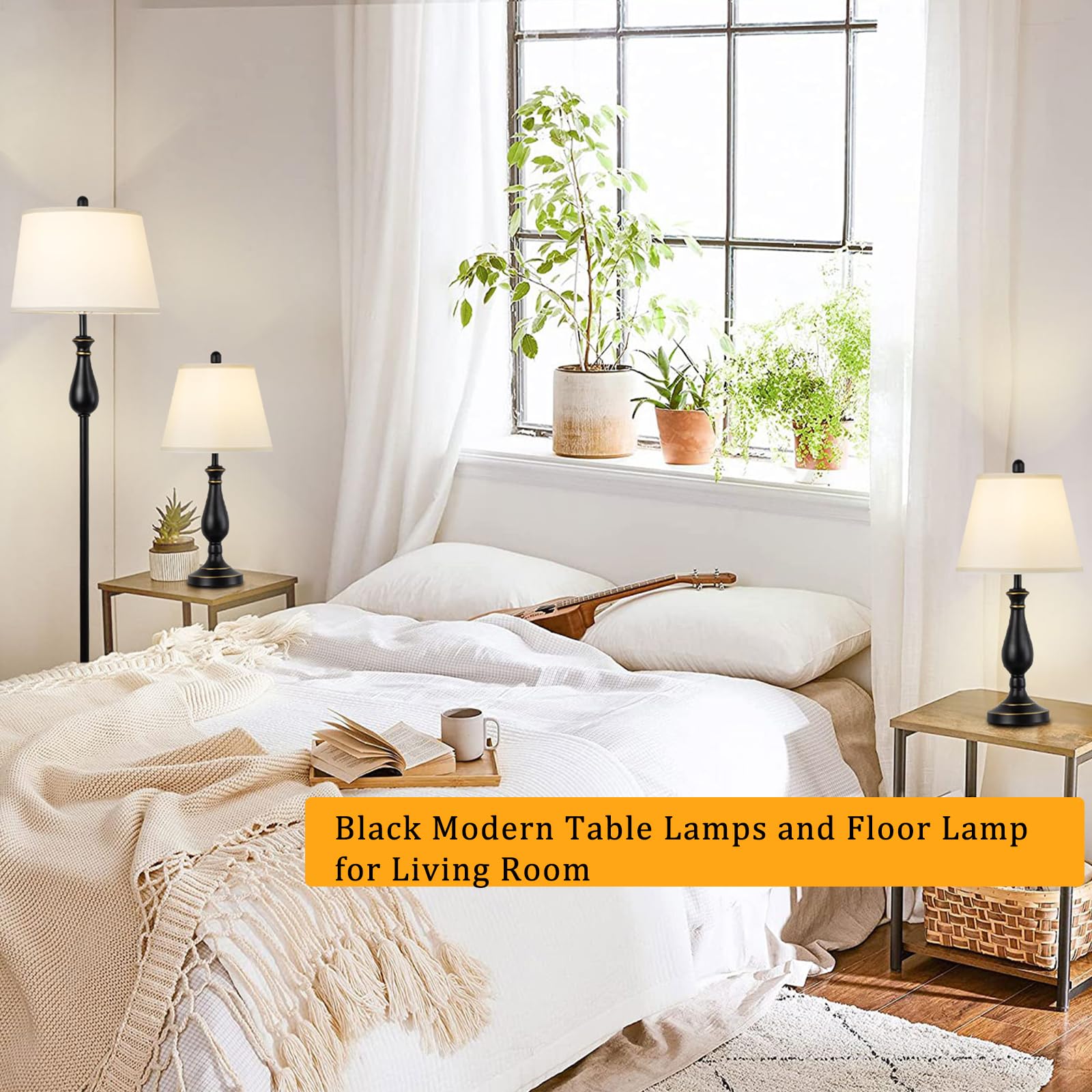 Depuley 3-Piece Table and Floor Lamp Set with White Linen Lampshade - Modern Farmhouse Lighting for Living Room, Bedroom & Nightstand - Black Finish - Perfect for Cozy Reading Nooks and Ambient Lighting