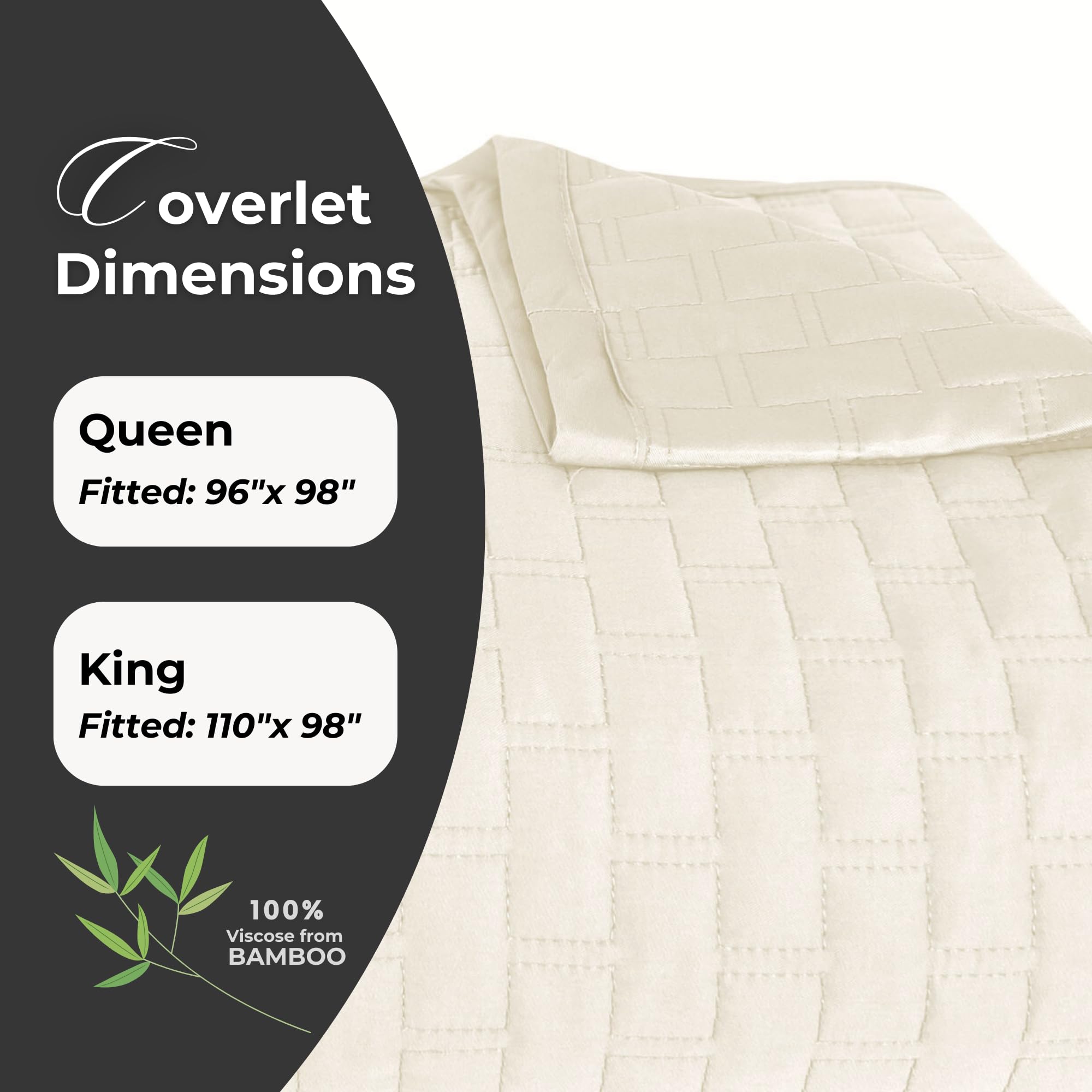Luxury Queen Coverlet - 100% Bamboo Viscose Reversible Cooling Quilt | Ultra Soft Lightweight Bedspread & Breathable Blanket (96x98 Inches) | Temperature Regulating for All Seasons | Perfect for Bedroom, Guest Room & Hotel Use - Ivory Queen Size
