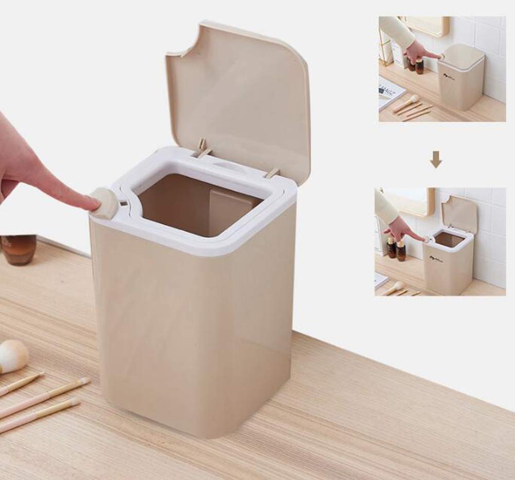 Hflove Mini Plastic Table Top Press Trash Can - Small Countertop Garbage Bin for Kitchen, Office, or Bathroom (Khaki) | Compact Waste Basket for Desks, Sinks, and Workstations