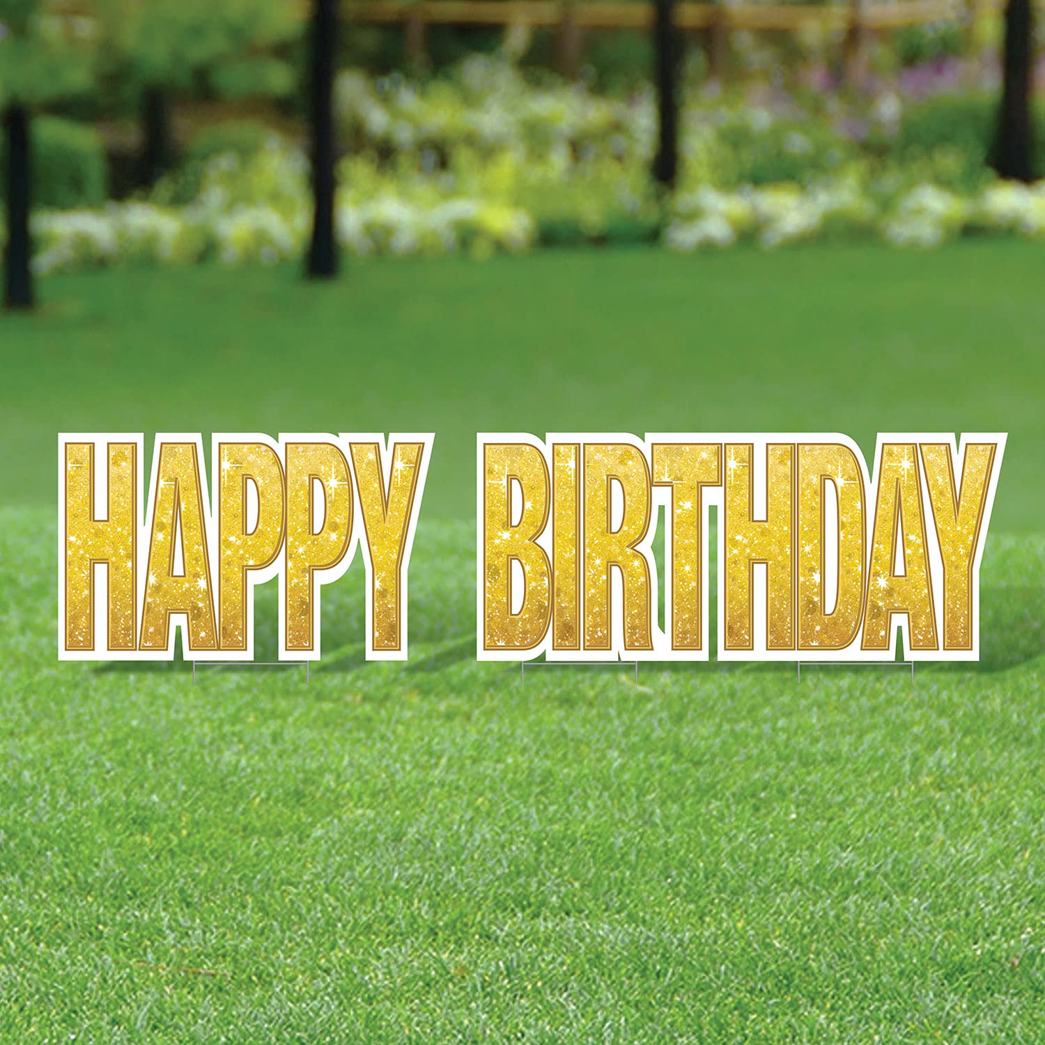 Beistle Gold Plastic Jumbo Happy Birthday Yard Sign with Metal Stakes - Outdoor Party Decorations for Birthday Celebrations, Backyard Events & Garden Parties
