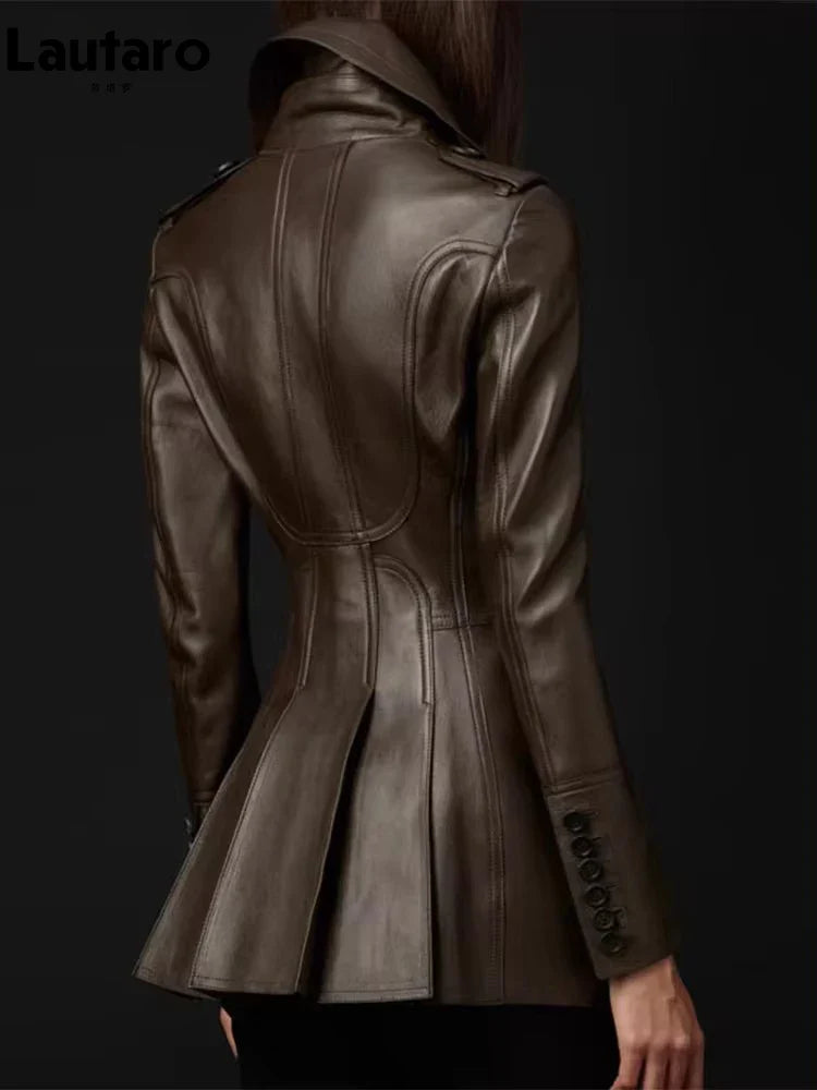 Women's Autumn Fitted Coffee-Colored PU Leather Blazer Jacket with Skirt - Long Sleeve Double Breasted European Style Fashion Coat for Office, Dating & Fall Outfits