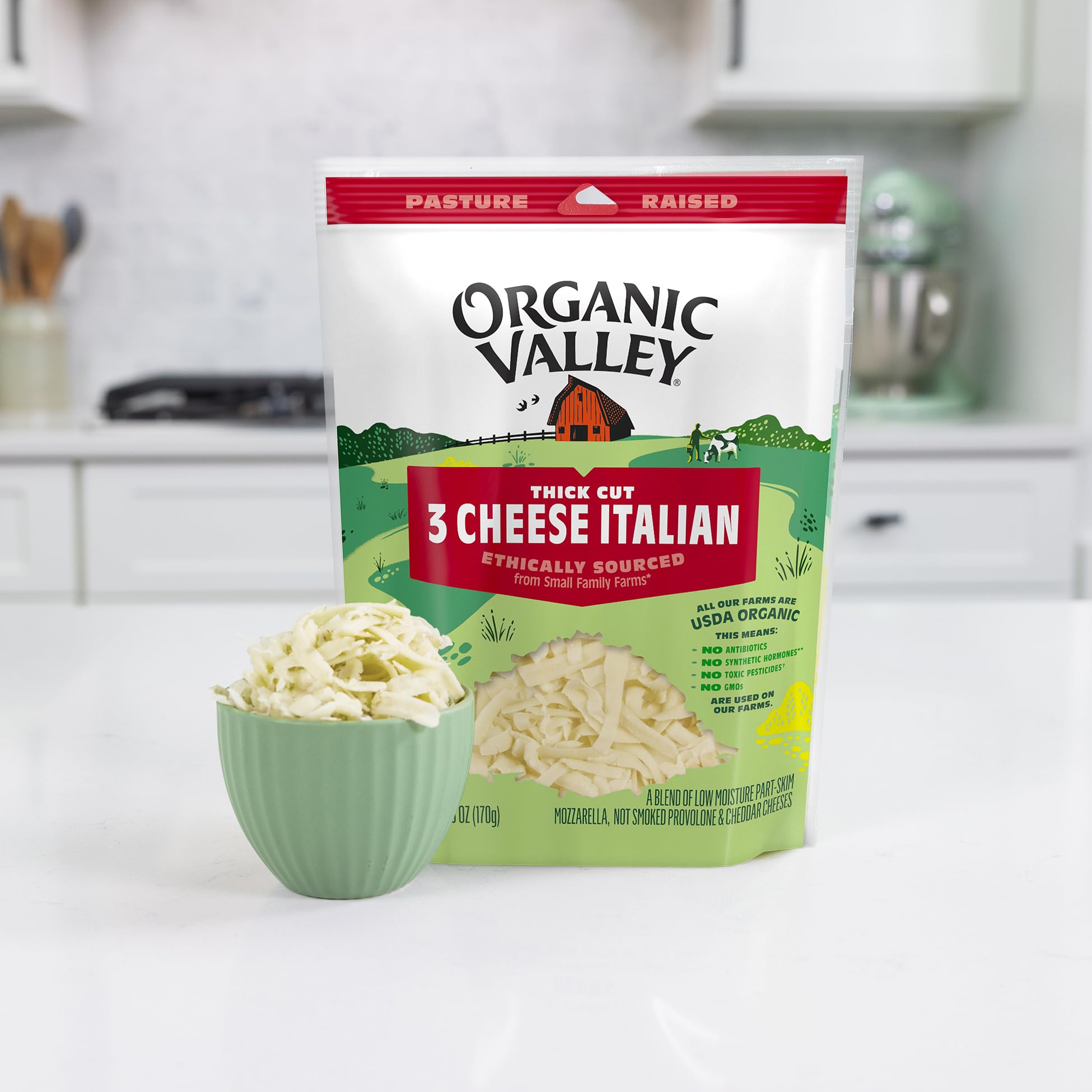 Organic Valley 3 Cheese Organic Thick Cut Shredded Italian Cheese Blend - Perfect for Pizza, Pasta & Italian Recipes | Gluten-Free, Non-GMO | Family Size 16oz Bag