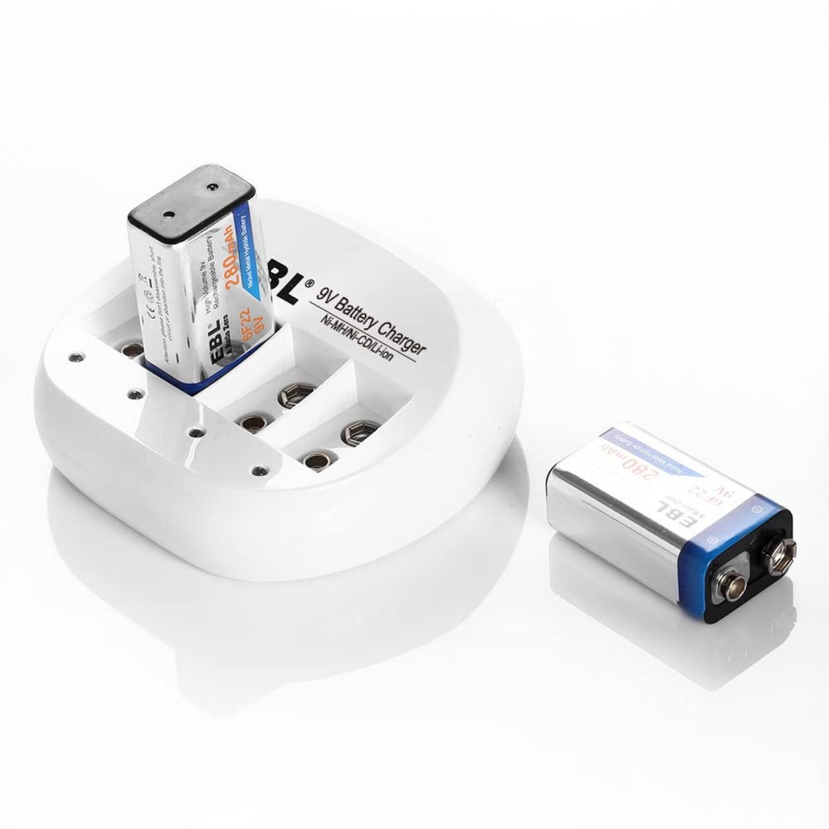 EBL 4-Pack 600mAh 9V Lithium Ion Rechargeable Batteries with 4-Bay Smart Charger - Perfect for Smoke Detectors, Guitar Pedals & Medical Devices