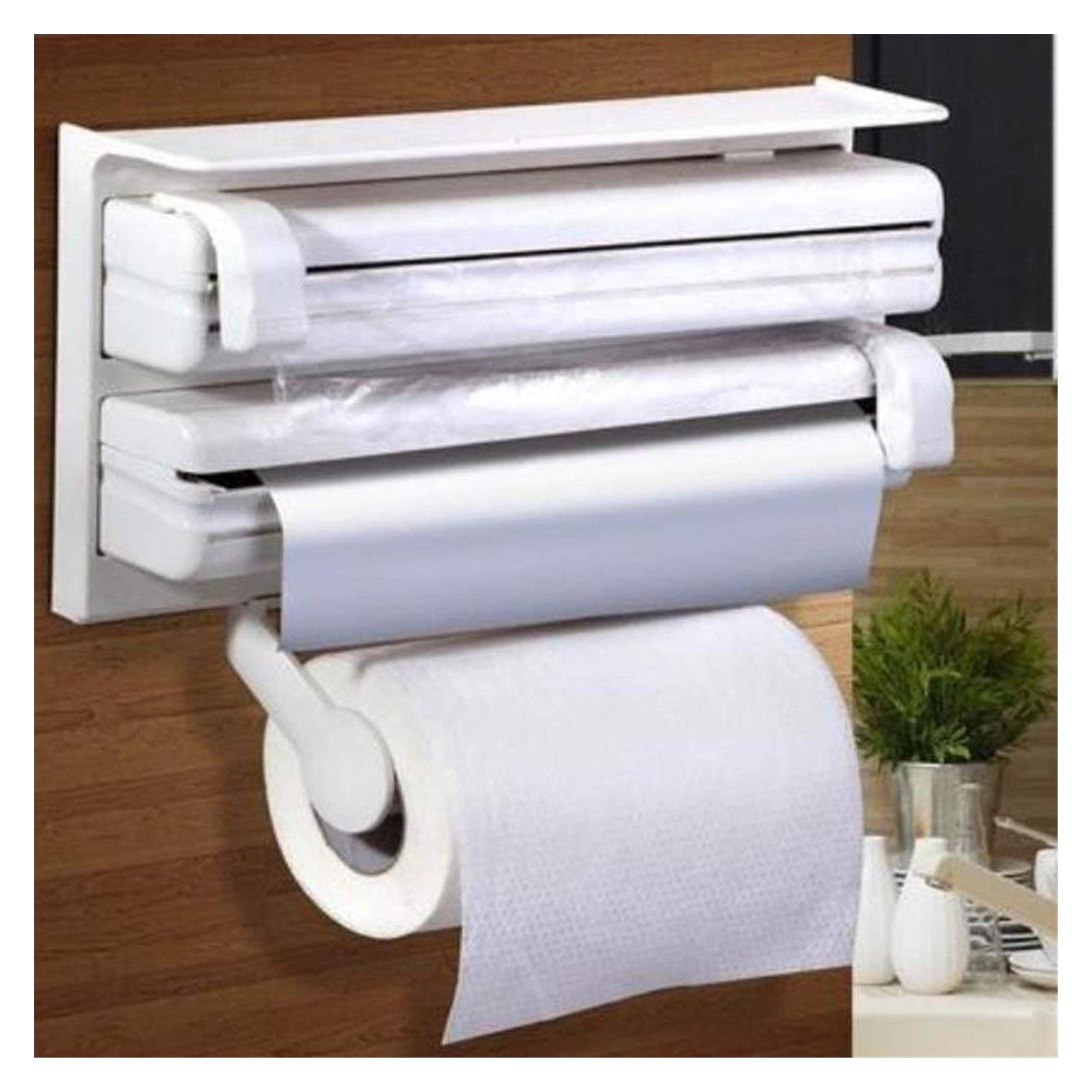 White Wall Mounted Kitchen Shelf Organizer - Paper Towel Holder, Cling Film Dispenser & Storage Rack for Kitchen, Bathroom, Office - Space Saving Home Organization Solution