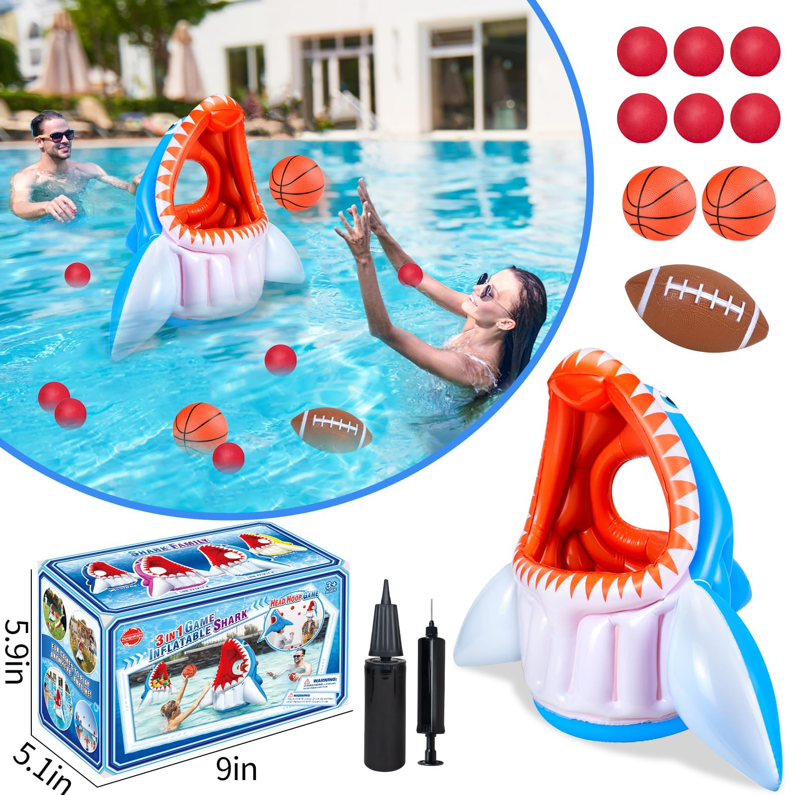 **Inflatable Pool Game Toys Set - 3-in-1 Shark Water Floats, Basketball Hoop, Football & Head Hoop Ball for Kids & Adults | Perfect for Summer, Beach, Pool Parties, Birthdays & Outdoor Family Fun**