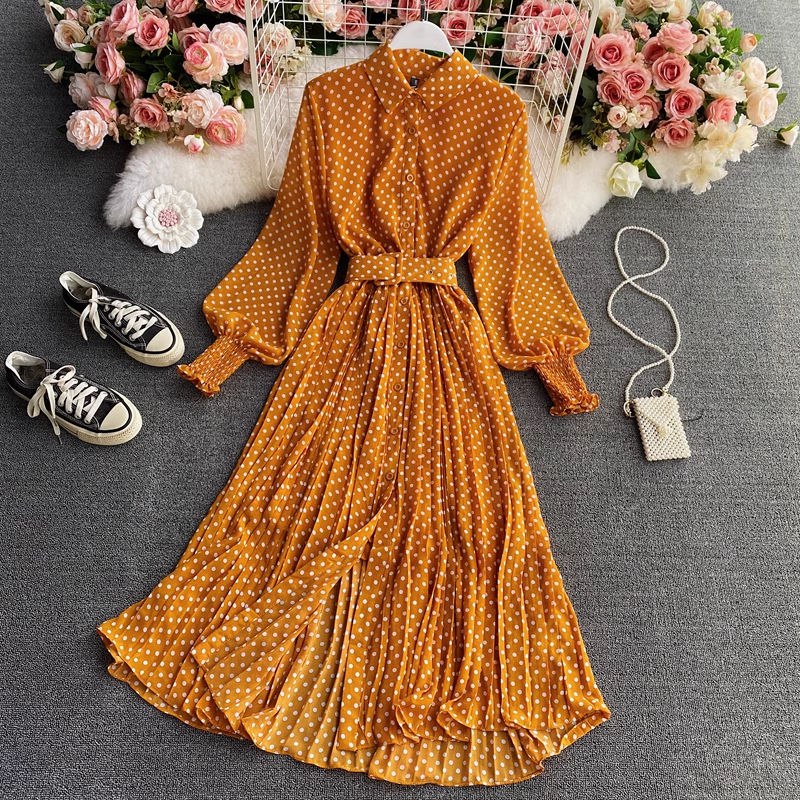 French Style POLO Collar Long Chiffon Pleated Skirt with Polka Dots - Elegant Office Wear & Summer Casual Dress for Women