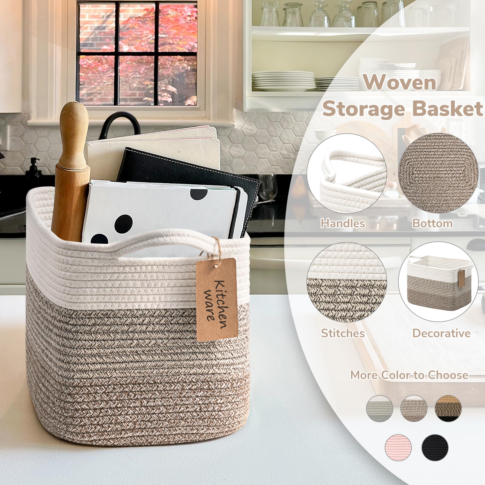 Goodpick Woven Storage Baskets 3-Pack - Nursery, Toy & Home Organizer - White & Brown, 13x10x9in