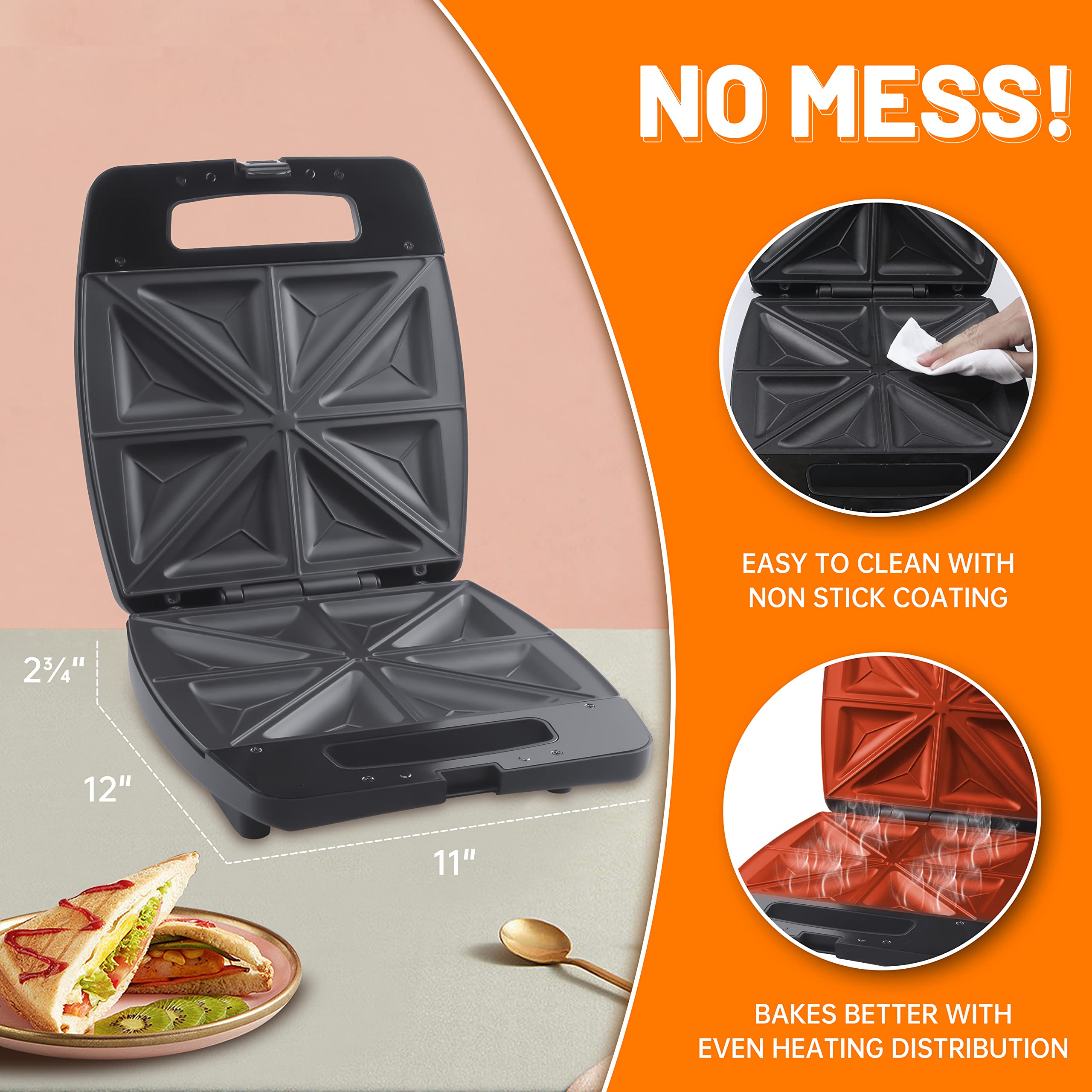Electric Sandwich Maker Press Grill - 4 Slice Non-Stick Breakfast Sandwich Toaster for Grilled Cheese, Panini & Waffles | Perfect for Quick Breakfasts, Office Lunches & Family Snacks