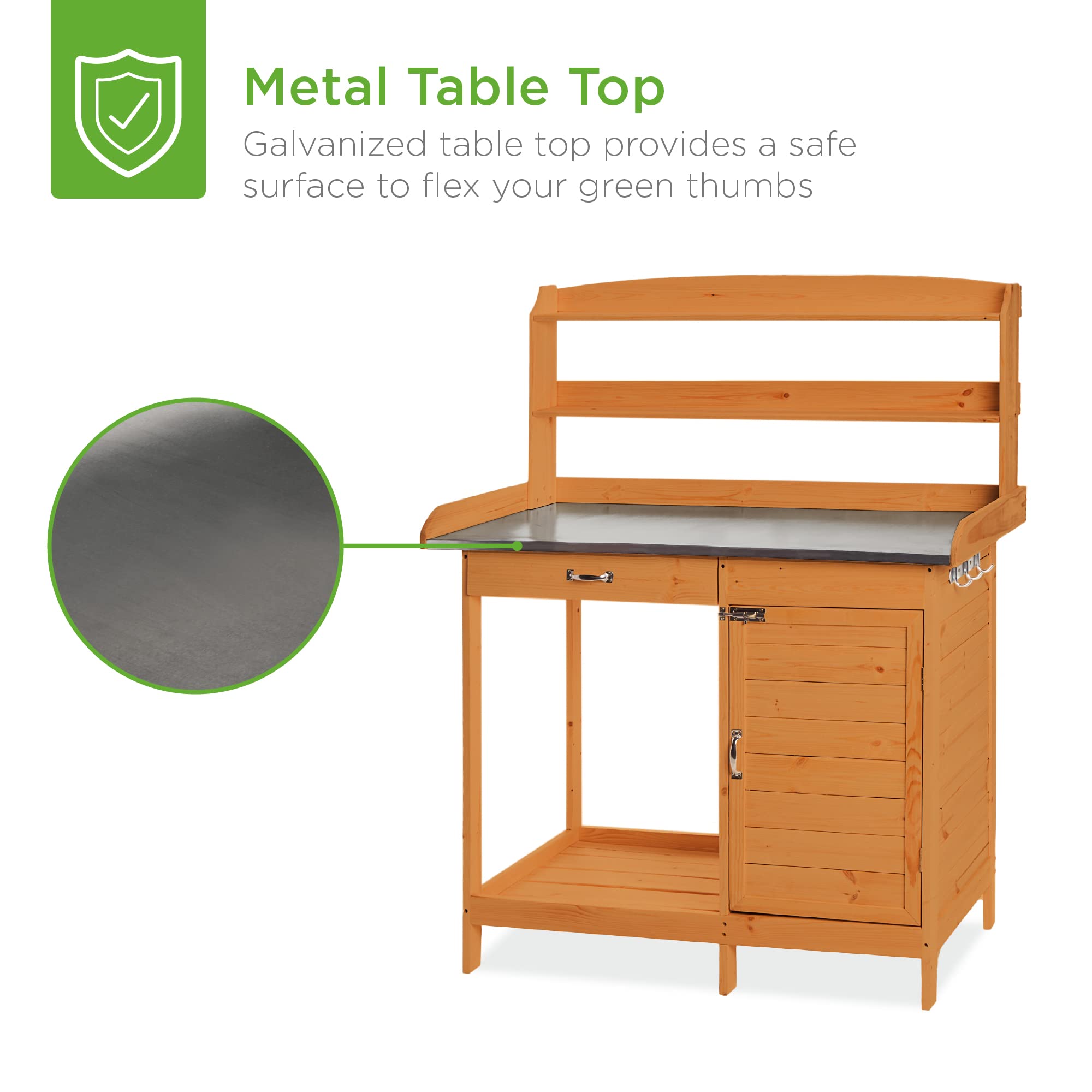 Best Choice Products Outdoor Wooden Potting Bench with Metal Table Top - Pre-Stained Brown Finish, Storage Cabinet, Sliding Drawer & Large Bottom Shelf - Perfect for Gardening, DIY Projects & Backyard Organization