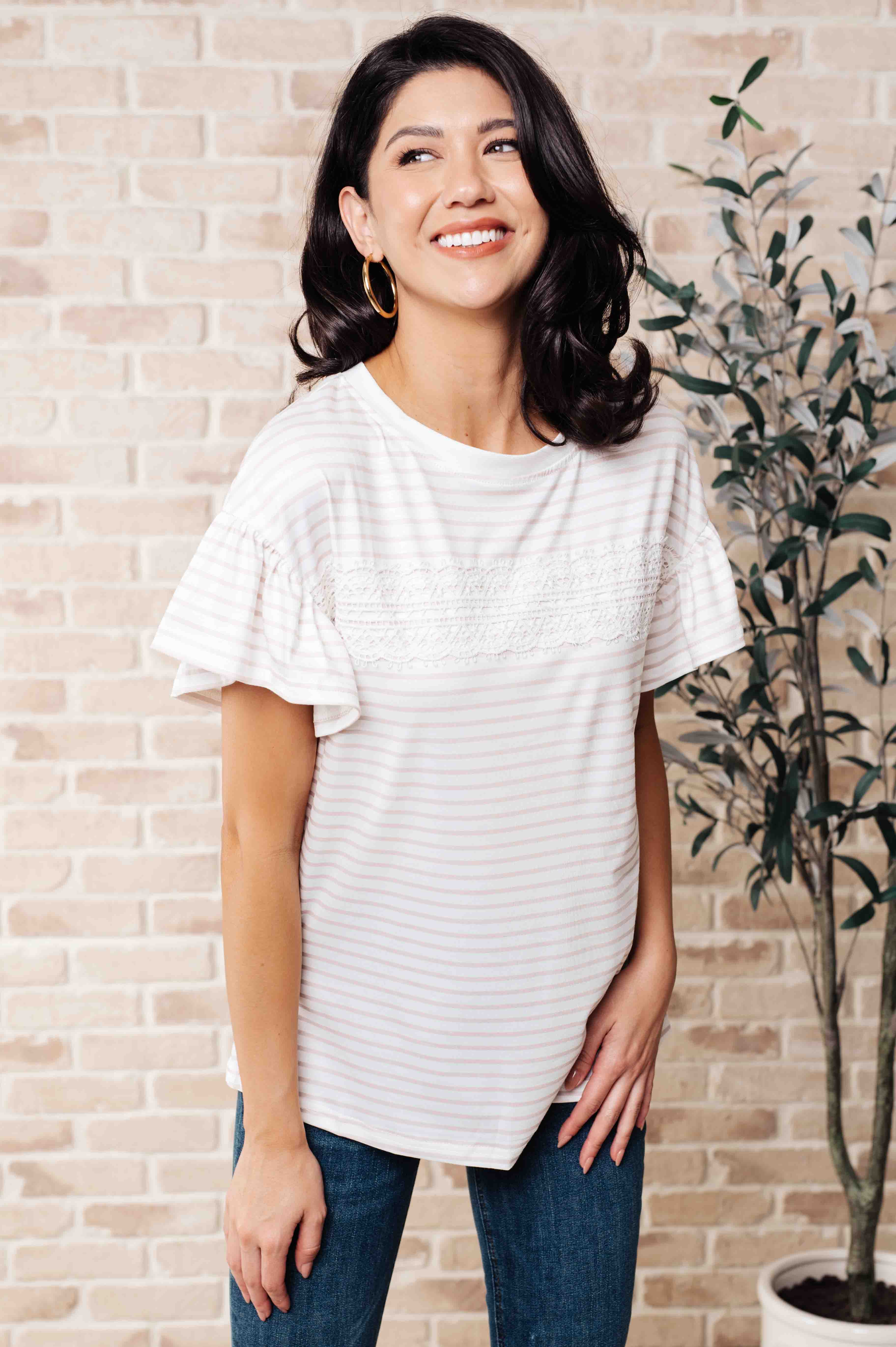 Hand to Hold Lace Detail Striped Top - Women's Fashion Blouse for Casual Wear, Date Night & Office Outfits