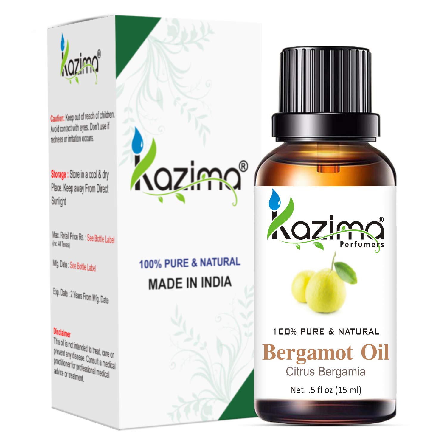 KAZIMA 100% Pure Bergamot Essential Oil - Natural Undiluted for Skin Care, Hair Care & Aromatherapy, 15ml - Perfect for Diffusers, Massage & DIY Beauty Recipes