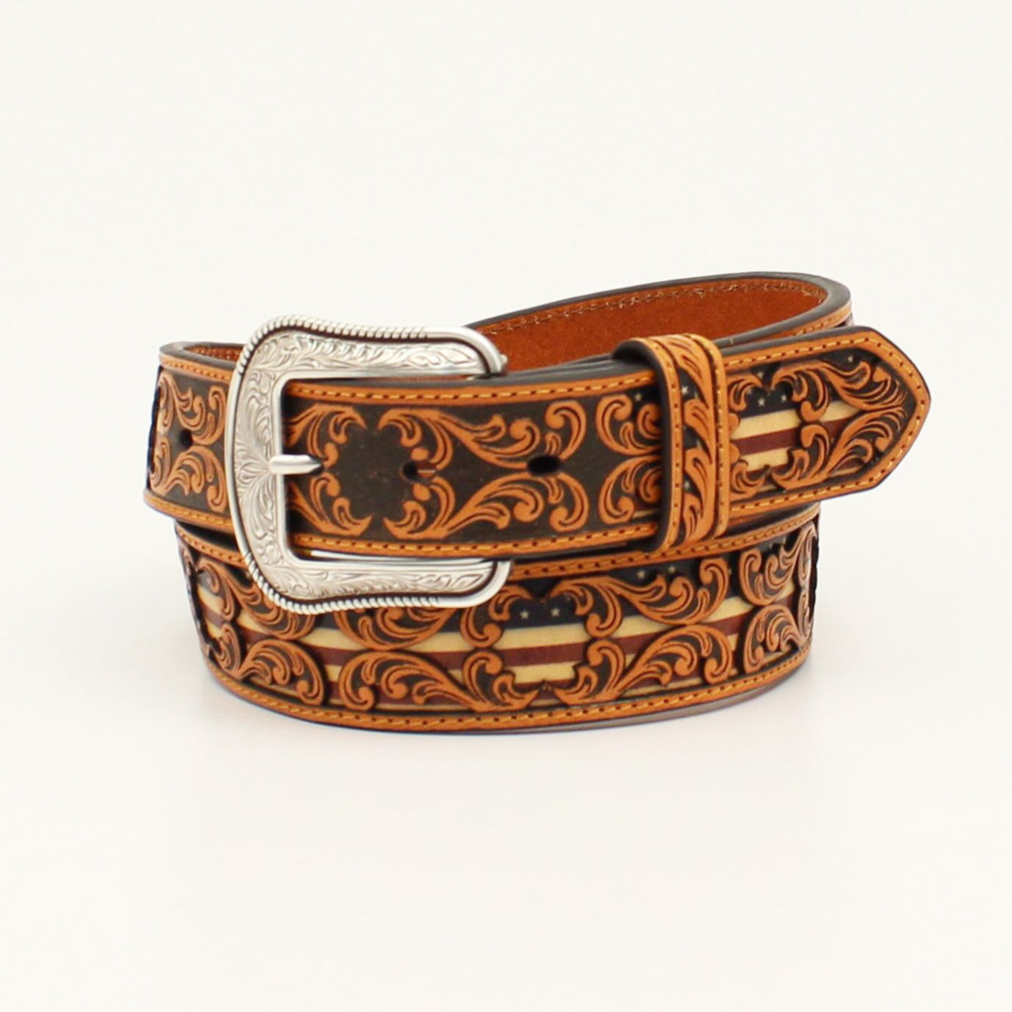 3D Men's Tooled Leather Belt with USA Flag Design - Western Style Cowboy Accessory for Rodeo, Country Music Festivals & Patriotic Events