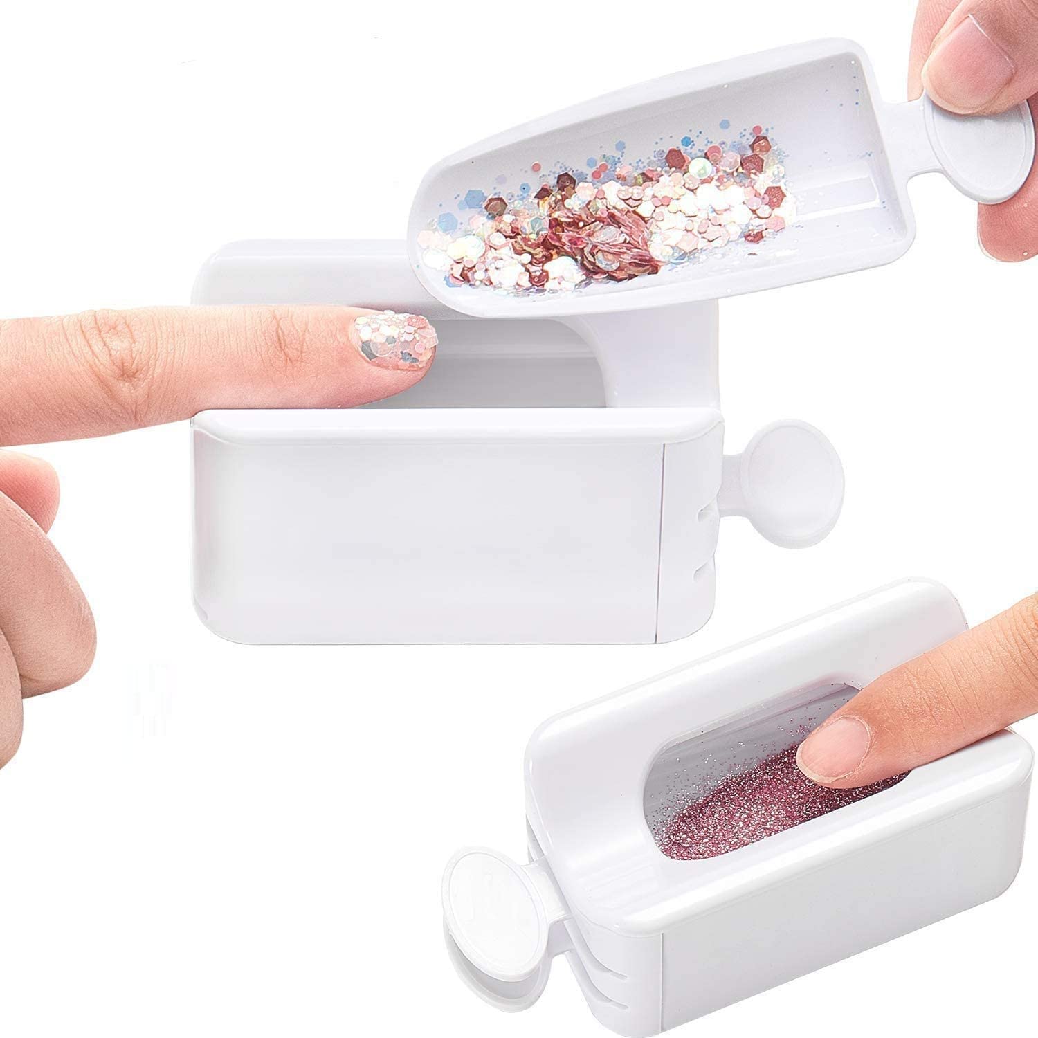 **Acrylic Nail Powder Storage Box with Glitter & Magic Mirror - Portable Dipping Powder Recycling Tray for Manicure & Nail Art - White (Perfect for Salon & Home Use)**