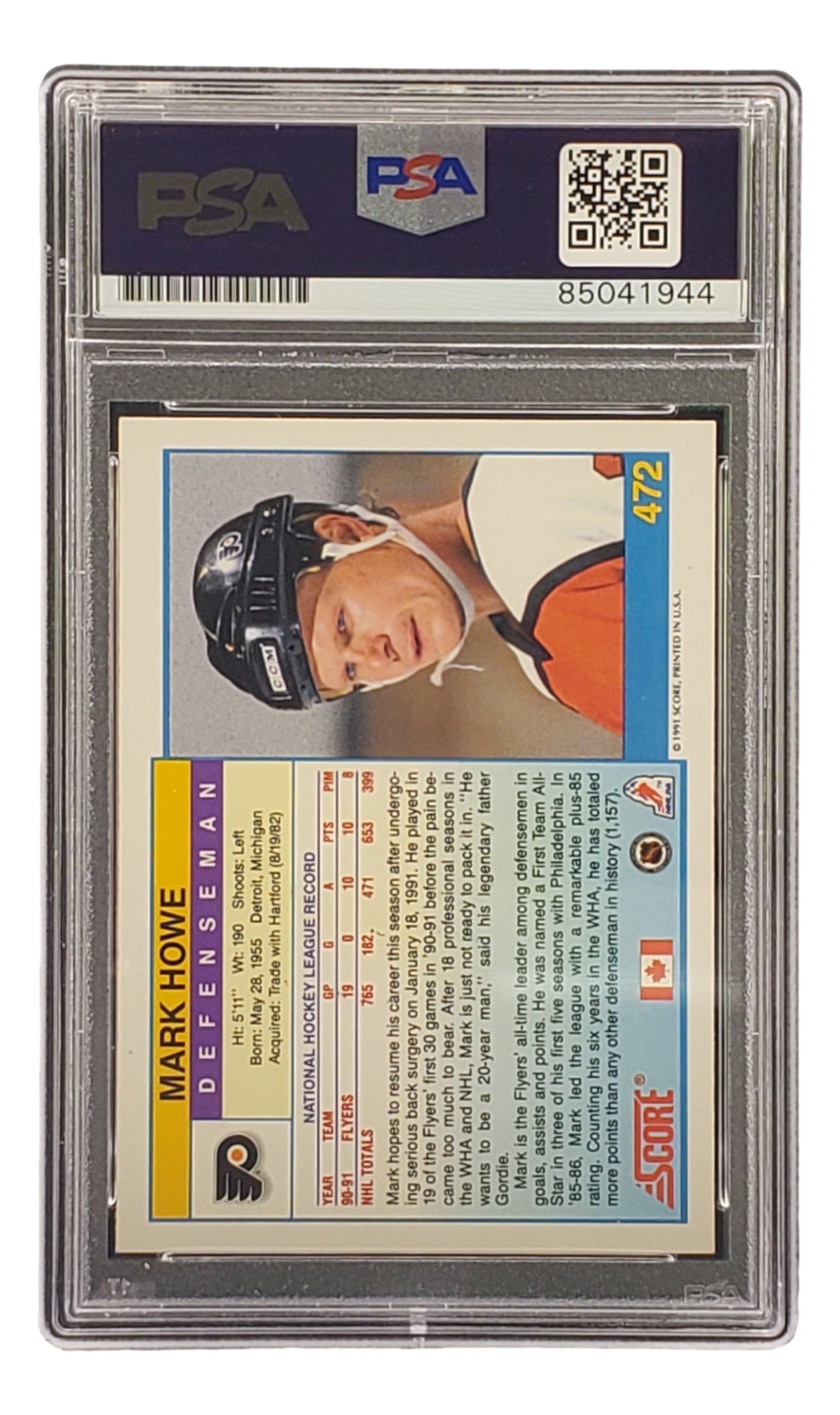 Authentic Mark Howe Signed 1991 Score #472 Philadelphia Flyers Hockey Card - PSA/DNA Certified - Perfect for NHL Memorabilia Collectors & Hockey Fans