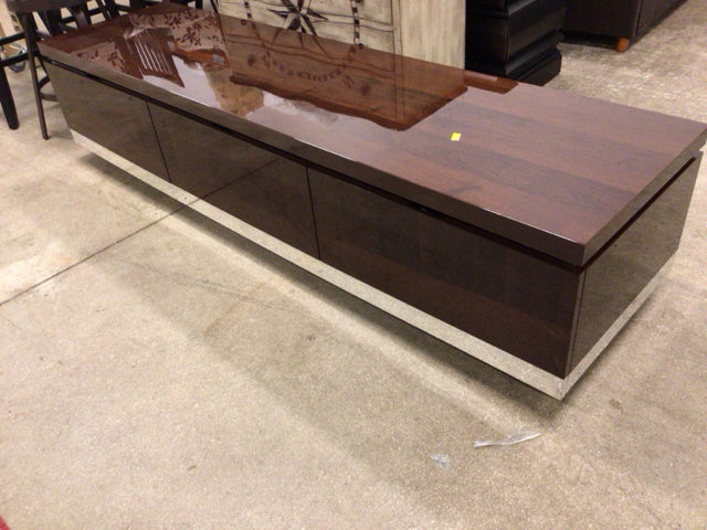 Vintage Brown Lacquered & Chrome Three-Drawer Media Console TV Stand - Mid-Century Modern Style for Living Room, Bedroom, or Home Office (Slight Surface Mark)