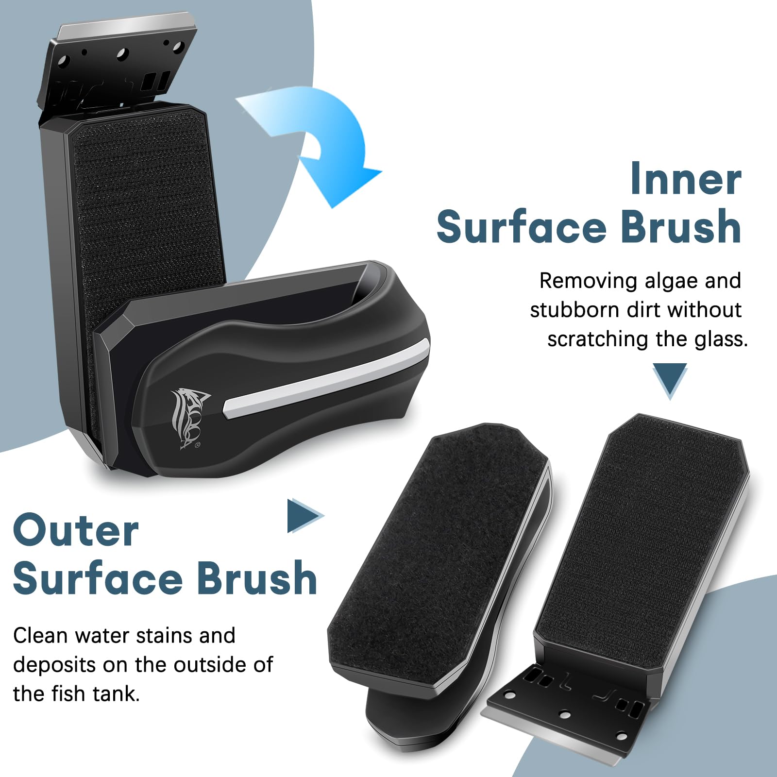 AQQA Magnetic Aquarium Cleaner for Glass & Acrylic Tanks - Dual Scraper Algae Remover Brush for Freshwater & Saltwater Fish Tanks (XL Size) - Perfect for Reef, Planted, and Nano Aquariums