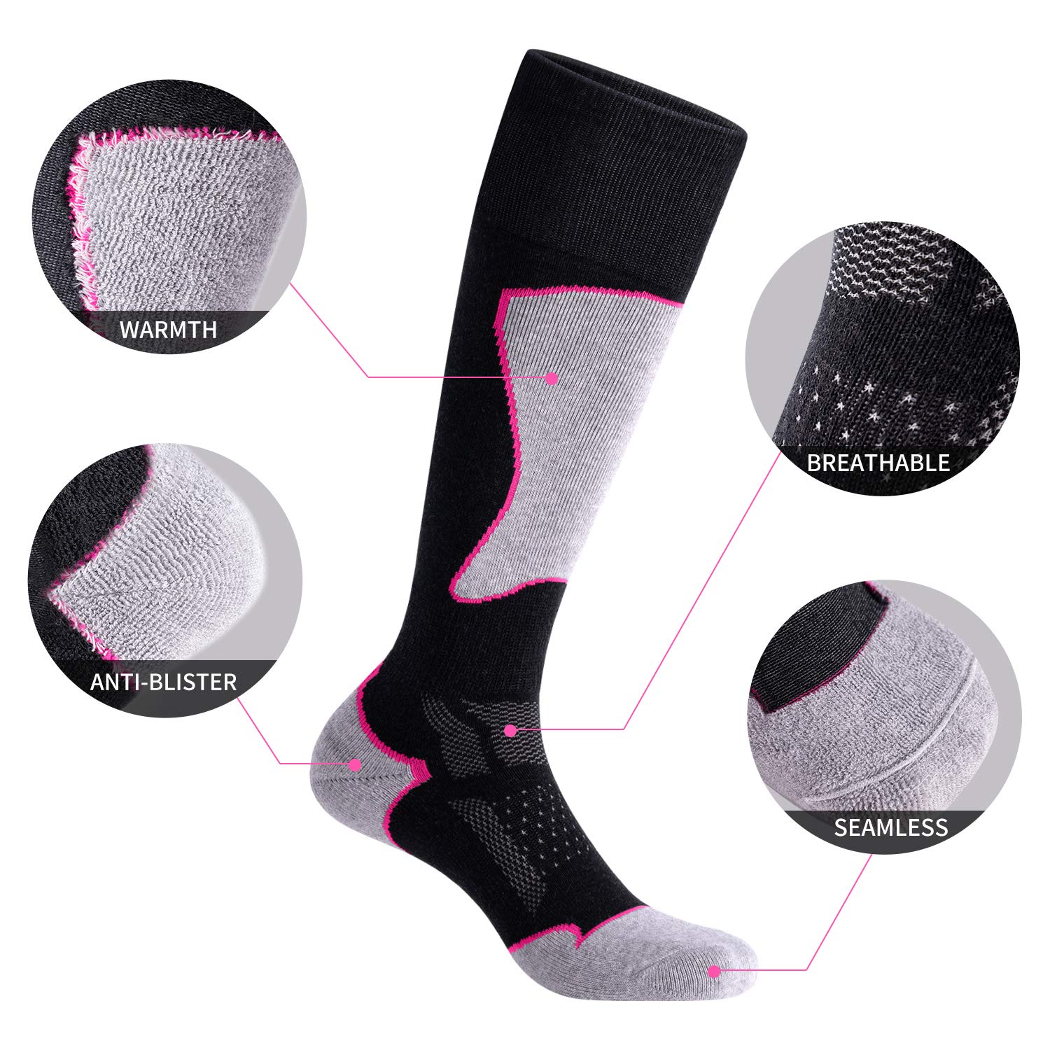 2/3 Pack Women's Thermal Ski Socks - Warm Winter Wool Blend for Skiing & Snowboarding - Perfect for Cold Weather Outdoor Activities