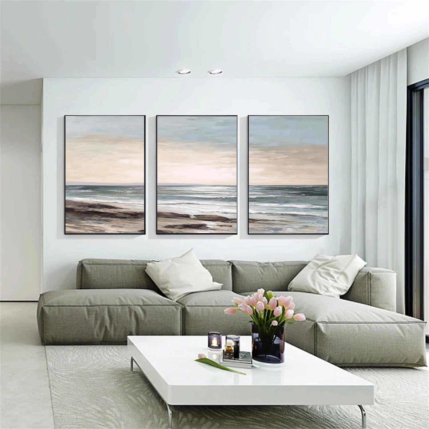 Ocean and Sky Painting Set of 3 - Coastal Wall Art Decor for Living Room, Bedroom, Office | Modern Seascape Canvas Prints | Home & Office Wall Decor
