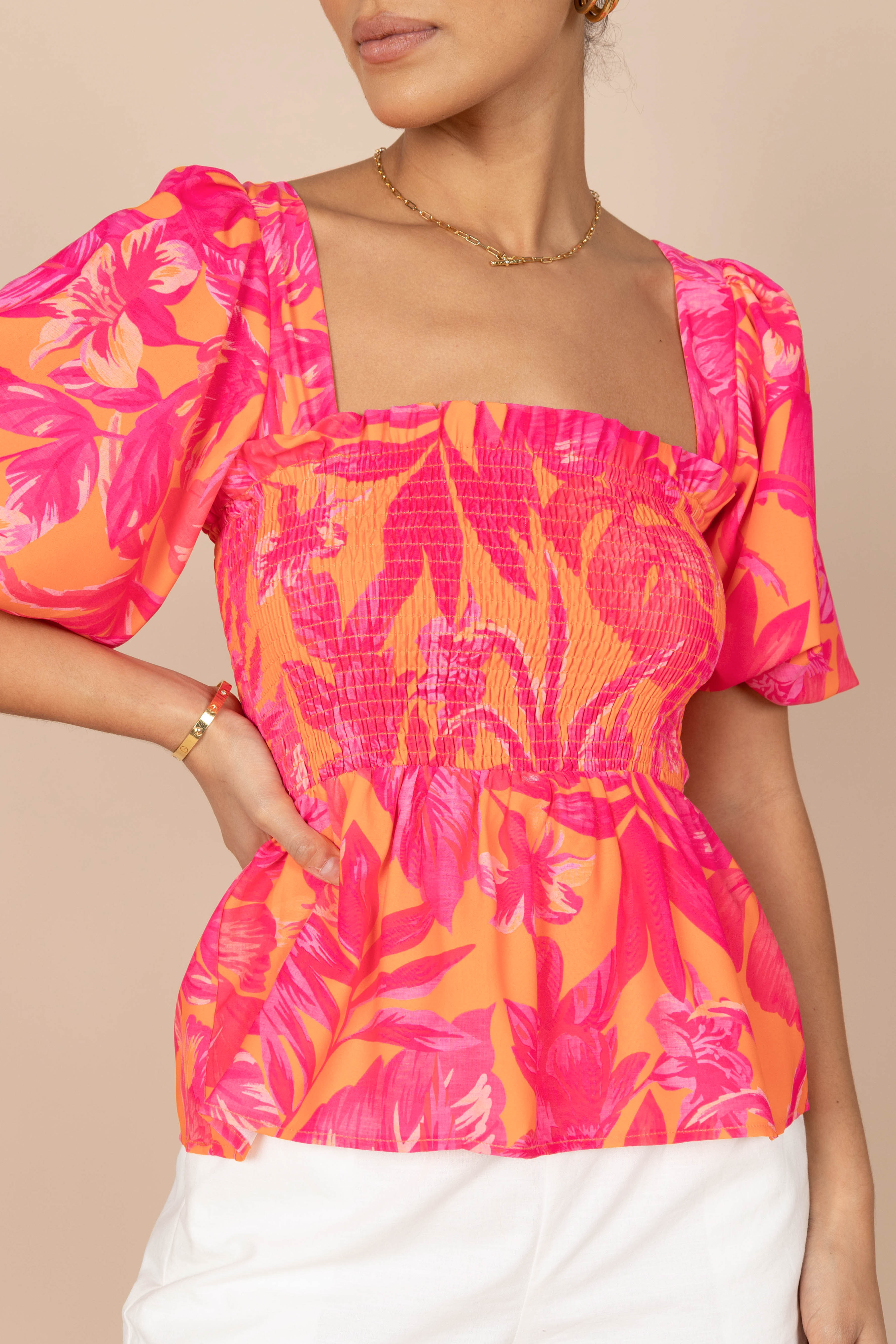 Addison Peplum Top for Women | Flattering Pink Tropics Print | Perfect for Summer Outfits & Beach Vacations