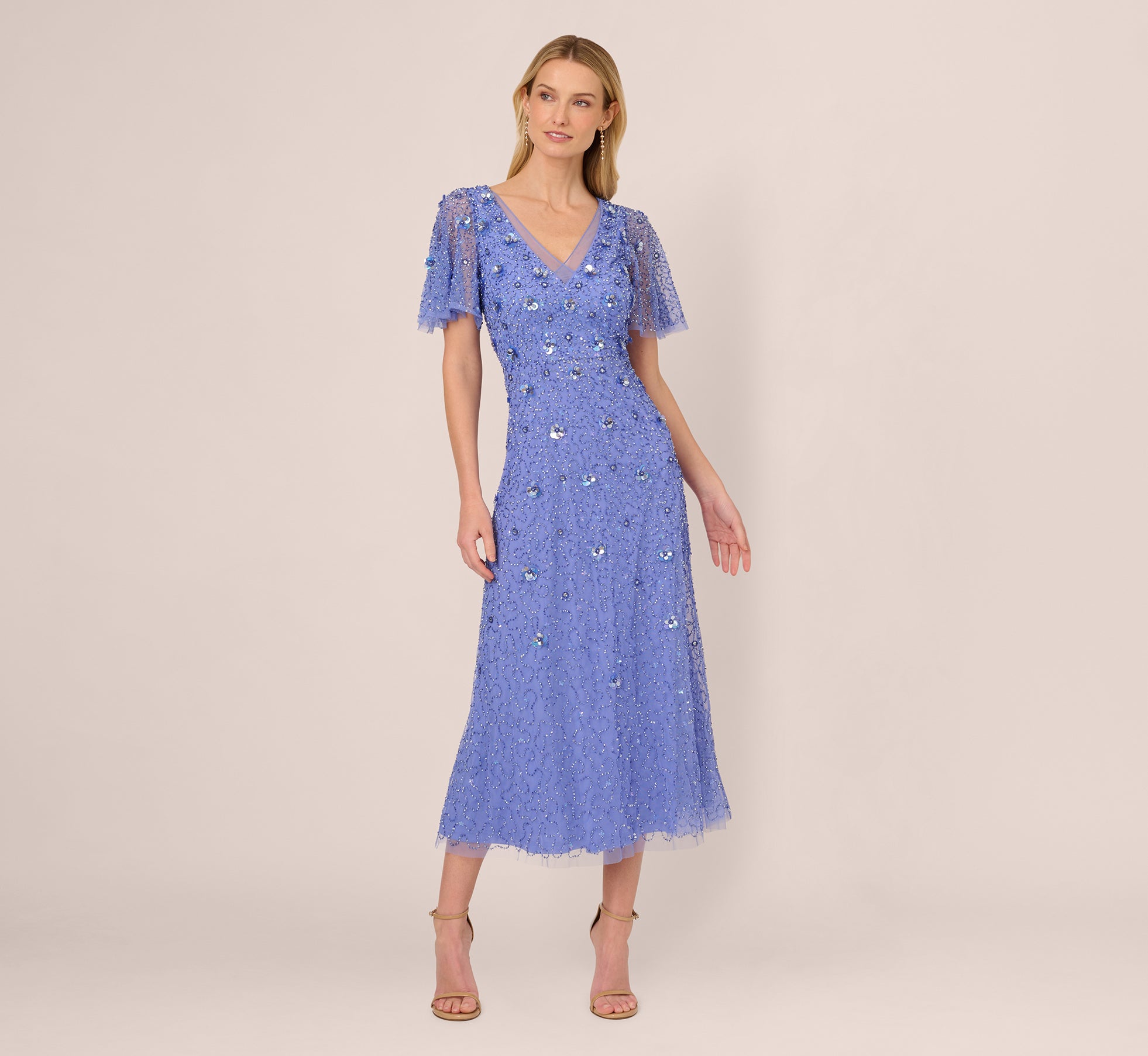 Elegant Beaded Mesh Flutter Sleeve Midi Dress in Peri Blue - Perfect for Weddings, Parties & Special Occasions