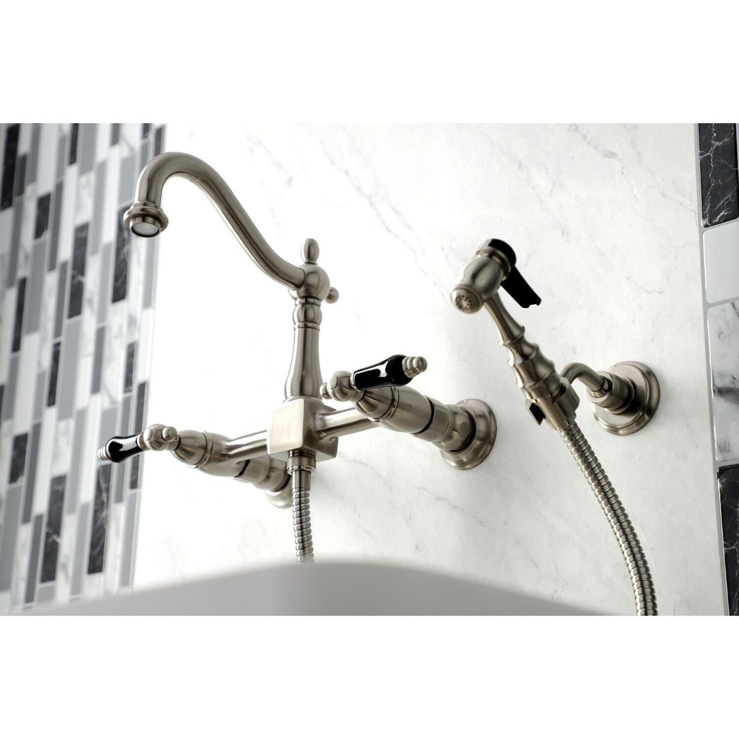 Duchess Double Handle 3 Hole Wall Mount Bridge Kitchen Faucet with Brass Sprayer - Premium Brass Finish for Modern Farmhouse & Industrial Style Kitchens
