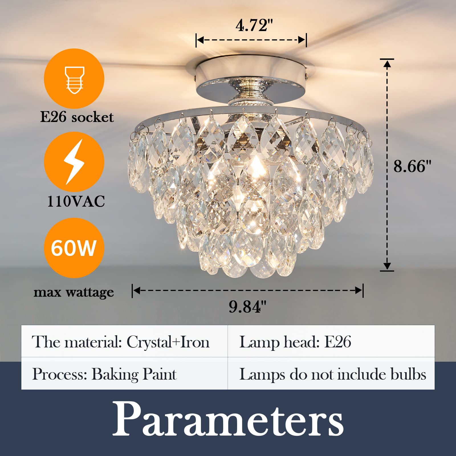 Modern E26 Small Crystal Chandelier - Silver Semi-Flush Mount Ceiling Light Fixture for Hallway, Bedroom, Bathroom, Closet & Foyer | Elegant Lighting for Home Decor & Interior Design (Chrome)