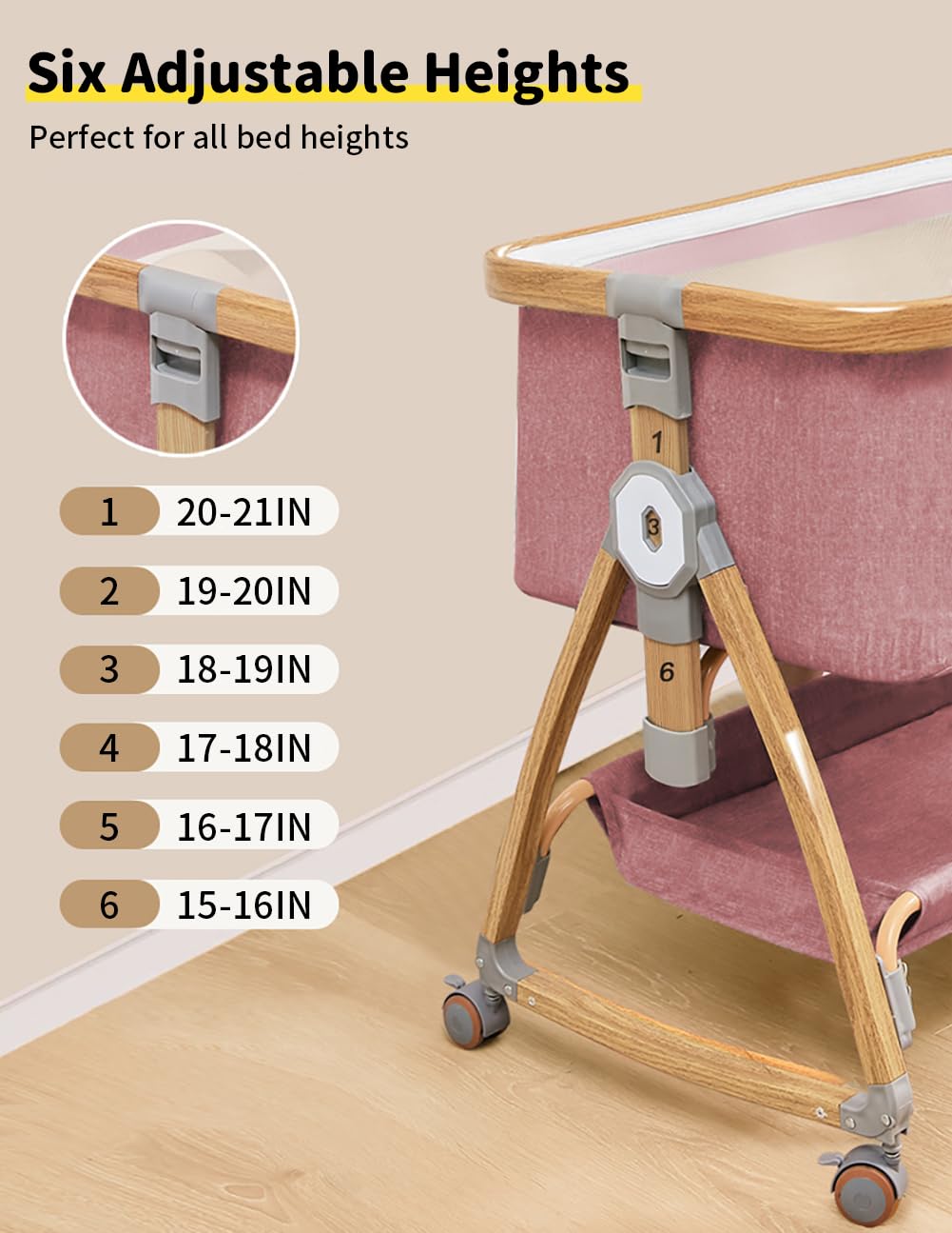 Bonbay 4-in-1 Portable Baby Bassinet Bedside Sleeper with Wheels, Mosquito Net & Storage Basket - 6 Height Adjustable Rocking Crib for Newborns | Perfect for Nursery, Bedroom Co-Sleeping & Travel