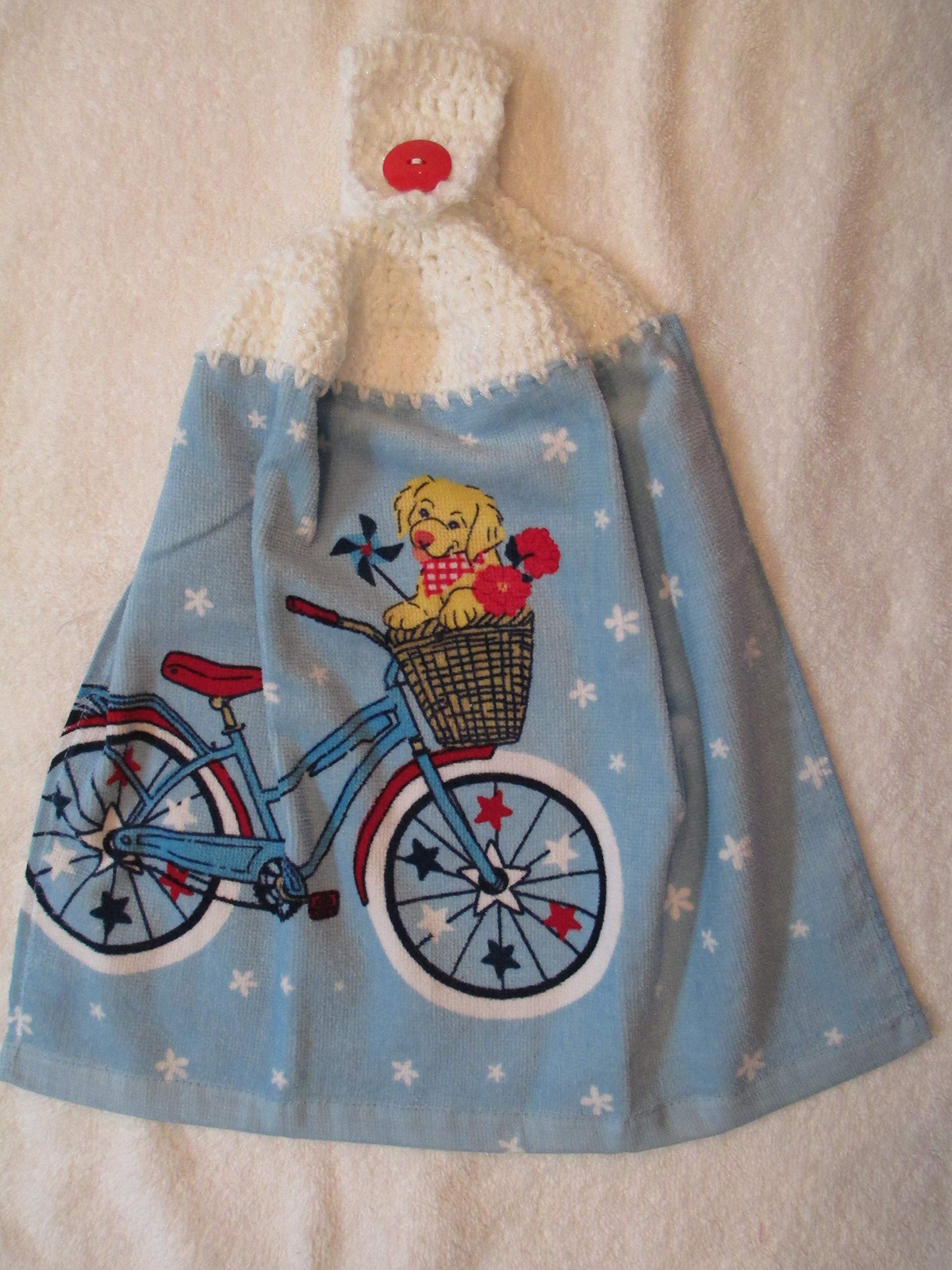 Handmade Crochet Patriotic Puppies & Bicycles Kitchen Towel Set - Metallic White Yarn for Dish Drying, Decor & Gift Giving - Perfect for 4th of July, Memorial Day & American Themed Kitchens
