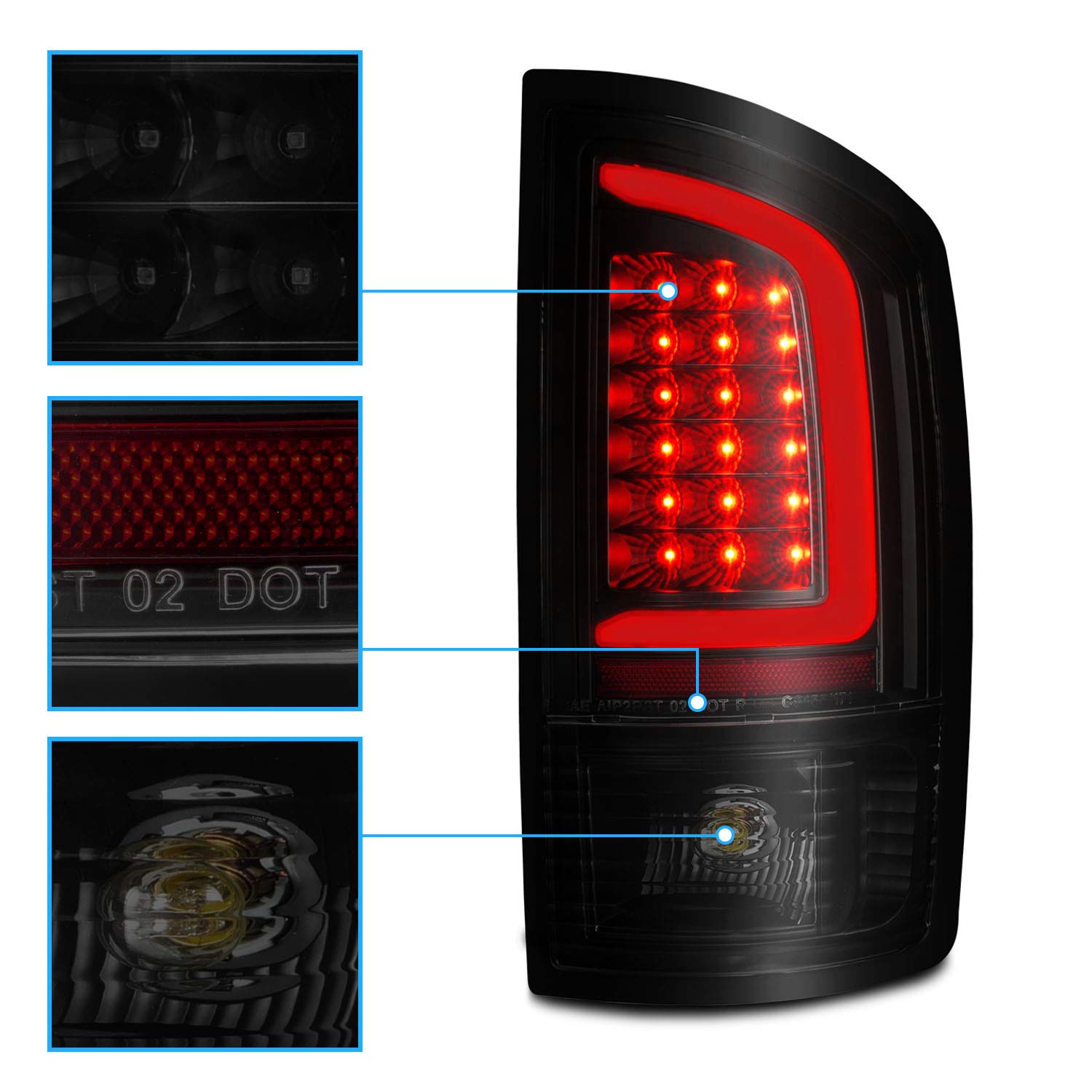 2002-2006 Dodge Ram 1500 & 2003-2006 Ram 2500/3500 Pickup Truck Black C-Type LED Tail Lights Pair - Brake Lamps Replacement for Driver & Passenger Side | Enhanced Night Visibility & Safety
