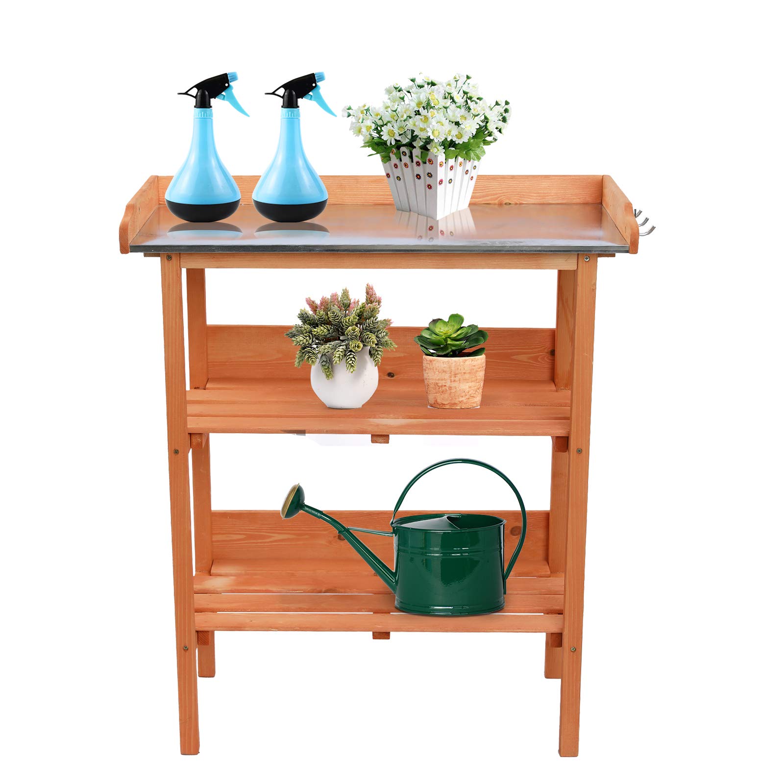 Heavy Duty Wooden Potting Bench with Metal Table Top & 3-Tier Shelves - Sturdy Outdoor Garden Workstation with Open Storage & Hanging Hooks - Perfect for Planting, Gardening, and DIY Projects in Backyard or Greenhouse