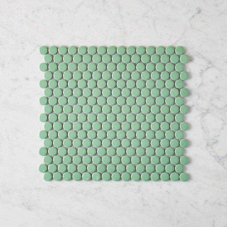 Premium Broadwater Green Gloss Penny Round Mosaic Tile - 1x1 Inch Ceramic Wall & Floor Tiles for Bathroom, Kitchen Backsplash, and Pool Designs