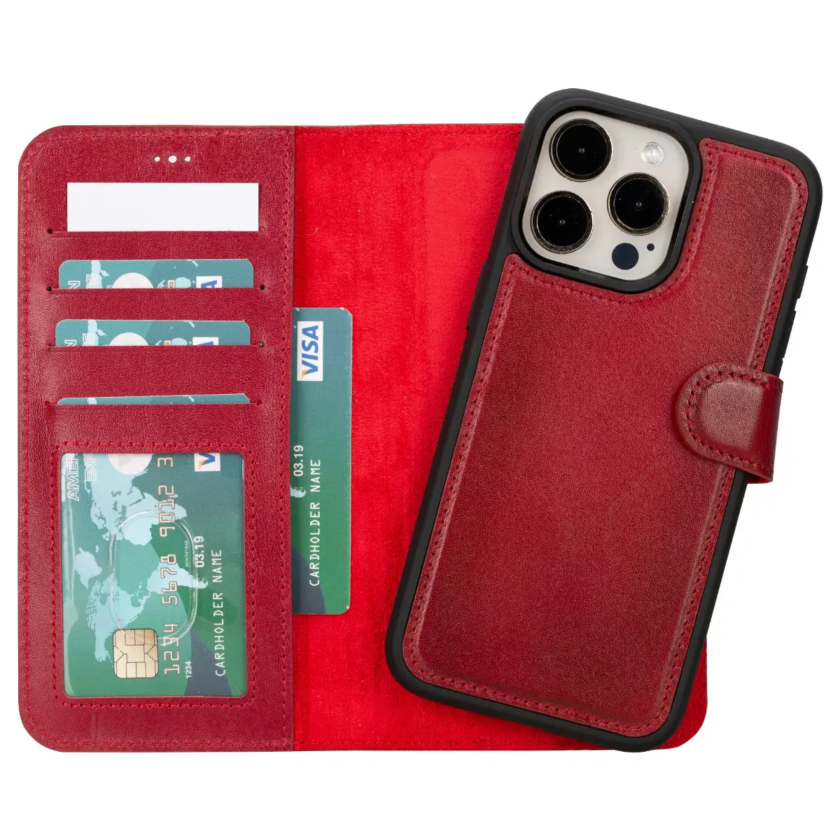 Premium Burnished Red Leather Wallet Case for iPhone 15 Pro Max - Slim Protective Cover with Card Slots | Perfect for Everyday Use, Travel & Business (iPhone 15 Pro Max 6.7
