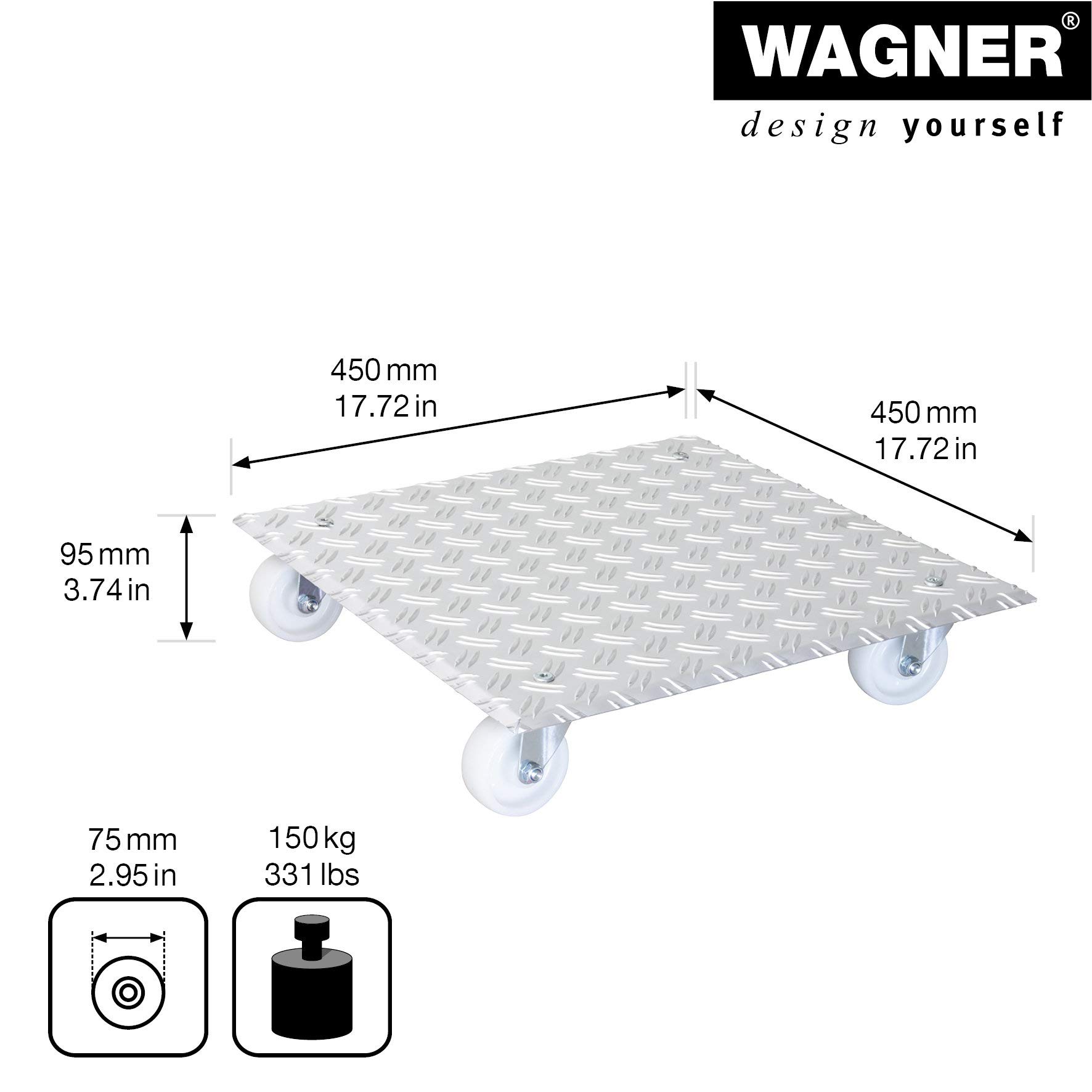 Wagner Plant Caddy Alaska - 17.72 x 17.72 x 3.74 Inch Heavy Duty Aluminum Plant Stand - 330 lbs Capacity Indoor/Outdoor Flower Pot Holder - Silver Made in Germany (Model 64-1390) - Perfect for Patio, Garden, Balcony & Home Decor