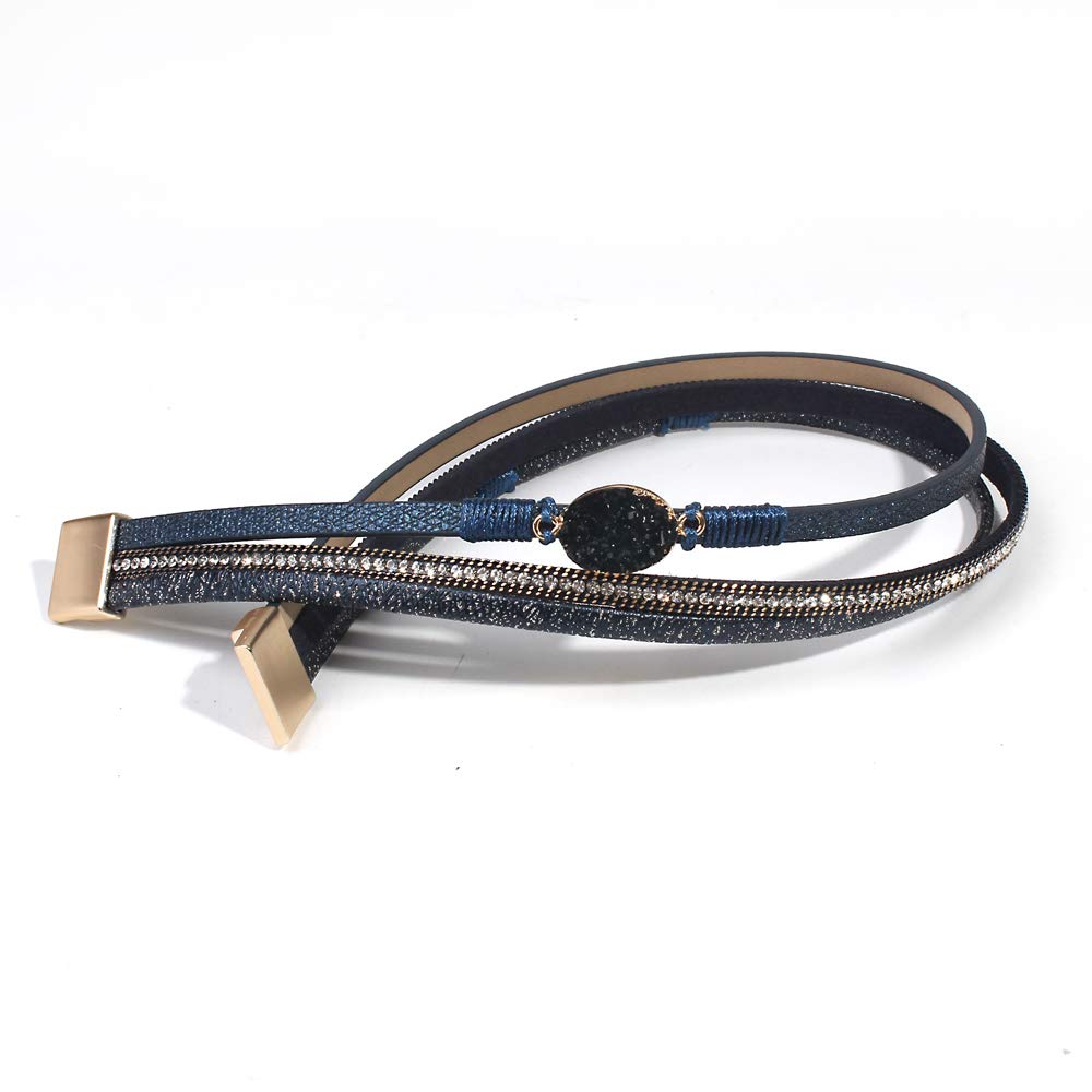 Boho Leather Double Wrap Cuff Bracelet with Crystal Beads & Magnetic Clasp - Shiny Stackable Jewelry Gift for Women | Perfect for Festivals, Boho Chic Outfits & Layered Arm Candy