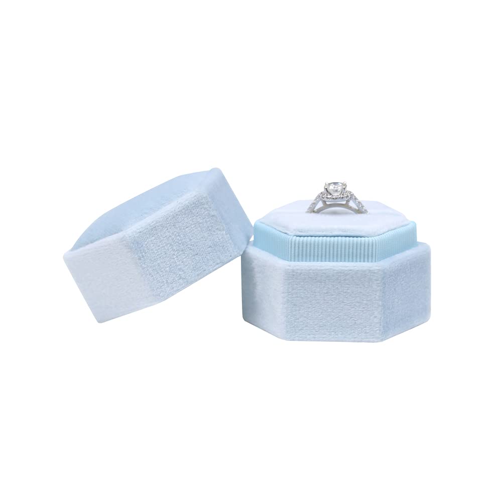 Hexagon Velvet Jewelry Box - Single Slot Ring Box for Engagement, Wedding & Bridal Keepsake - Sky Blue - Perfect for Proposals, Anniversaries & Photo Shoots