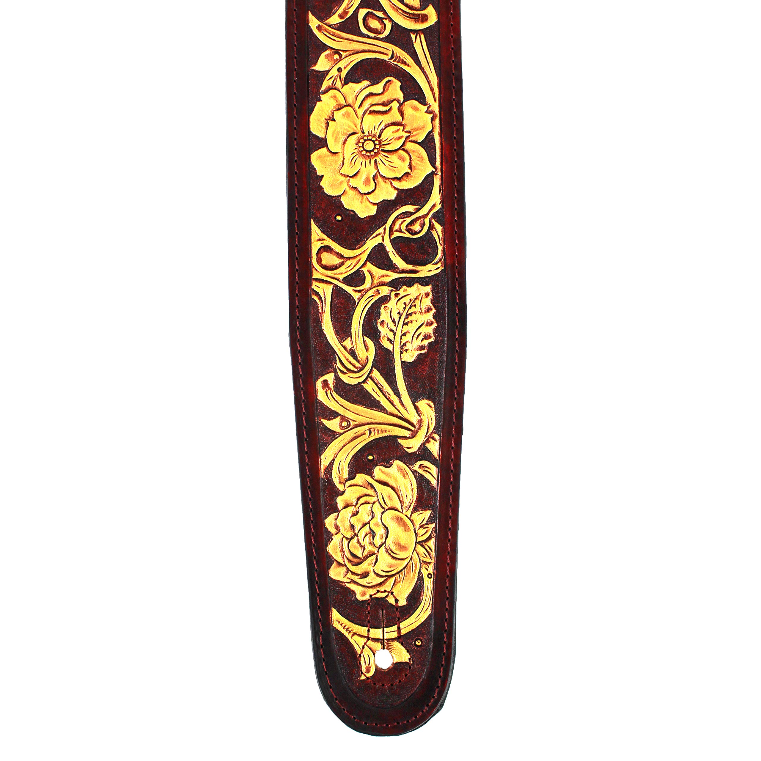 Premium Garnet Red Leather Guitar Strap with Gold Floral Carving - Adjustable for Acoustic, Electric & Bass Guitars | Comfortable & Stylish for Live Performances & Studio Sessions