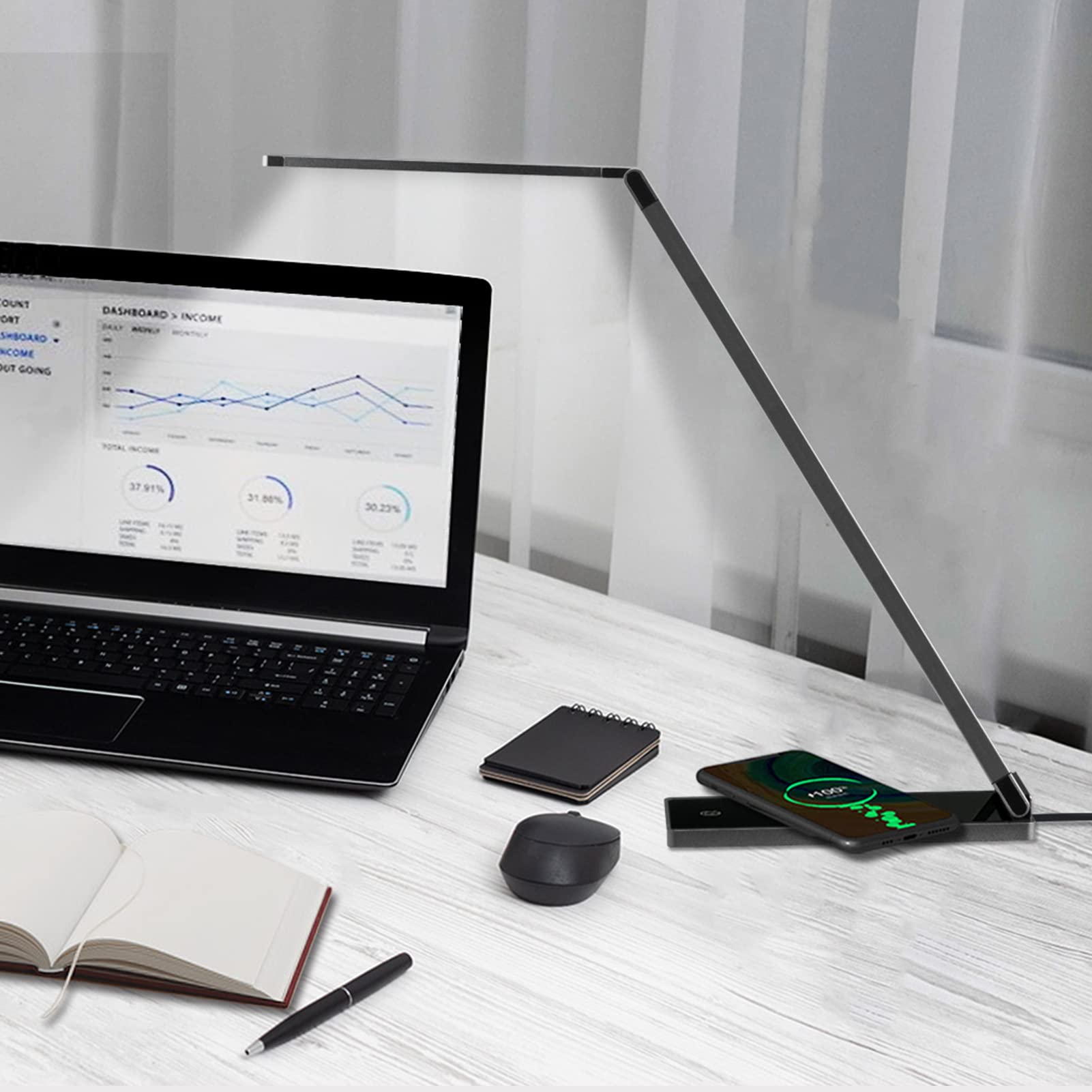 Ylmrav Metal Desk Lamp with 10W Wireless Charger - Foldable LED Task Light, Touch Control, Eye-Caring & Portable for Home Office, Study, Reading, and Workspace Lighting