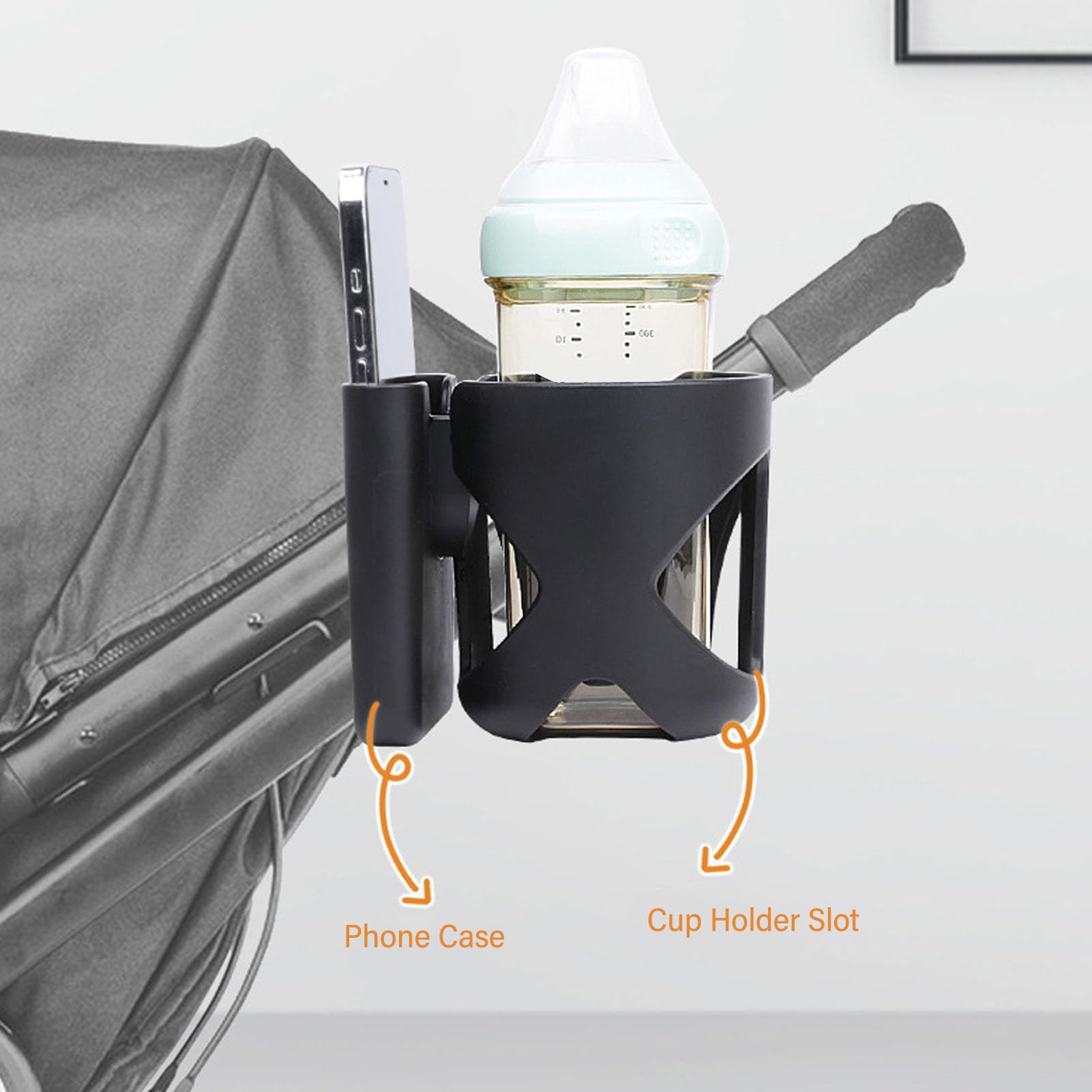 NOENNULL 2 in 1 Stroller Cup Holder with Phone Holder - Adjustable 360° Rotating Universal Drink Holder for Coffee, Water Bottles - Fits Strollers, Bikes, Wheelchairs, Shopping Carts (Black) - Perfect for Parents, Cyclists & Outdoor Activities
