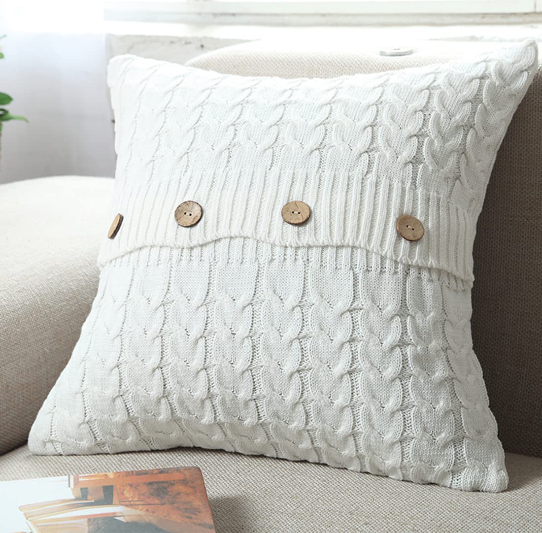 Soft Cotton Knitted Decorative Throw Pillow Cover - 18x18 Inch Cozy Sweater-Style Cushion Cover for Sofa, Bed & Home Decor - Warm Winter Accent Pillow Case (White) - Perfect for Living Room, Bedroom & Cozy Home Styling